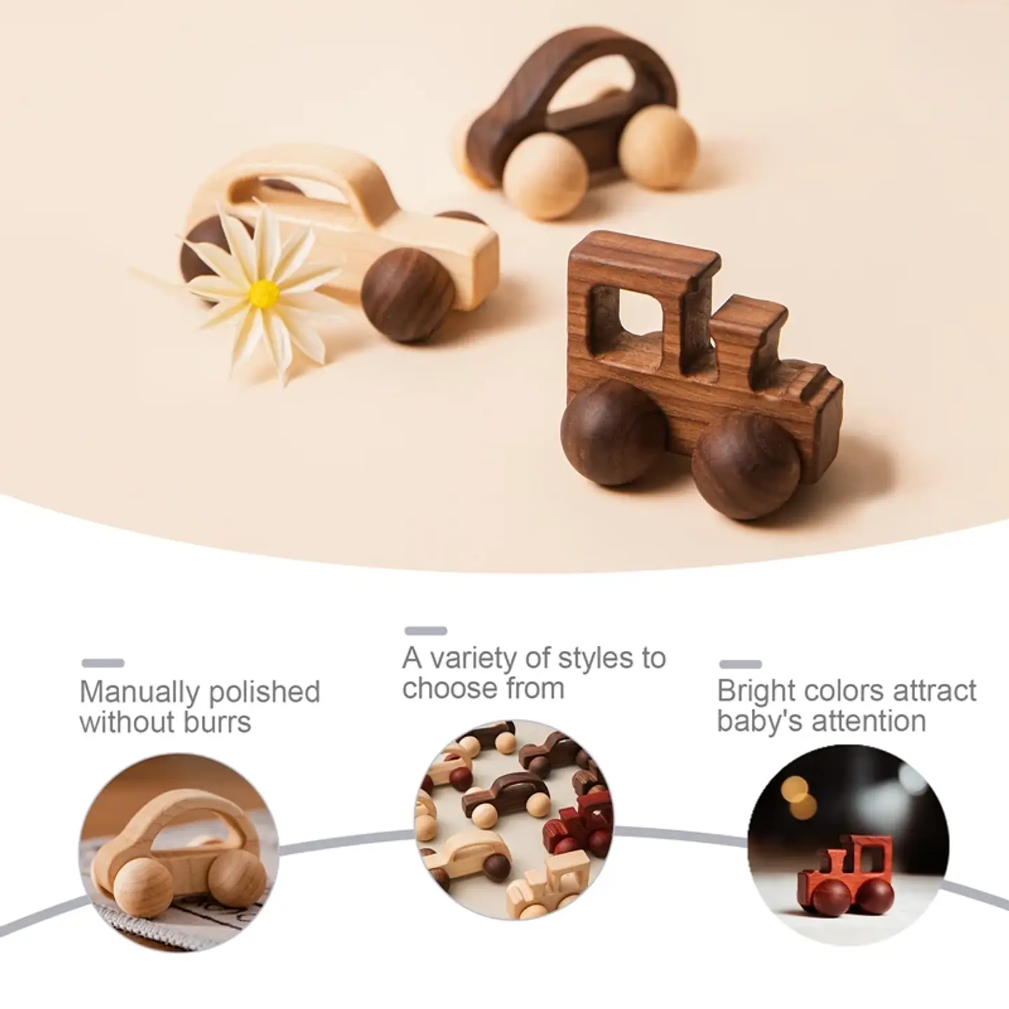 Wooden Beech Car Toy Montessori Wooden Vehicle for Fine Motor Skills & Imaginative Play 3