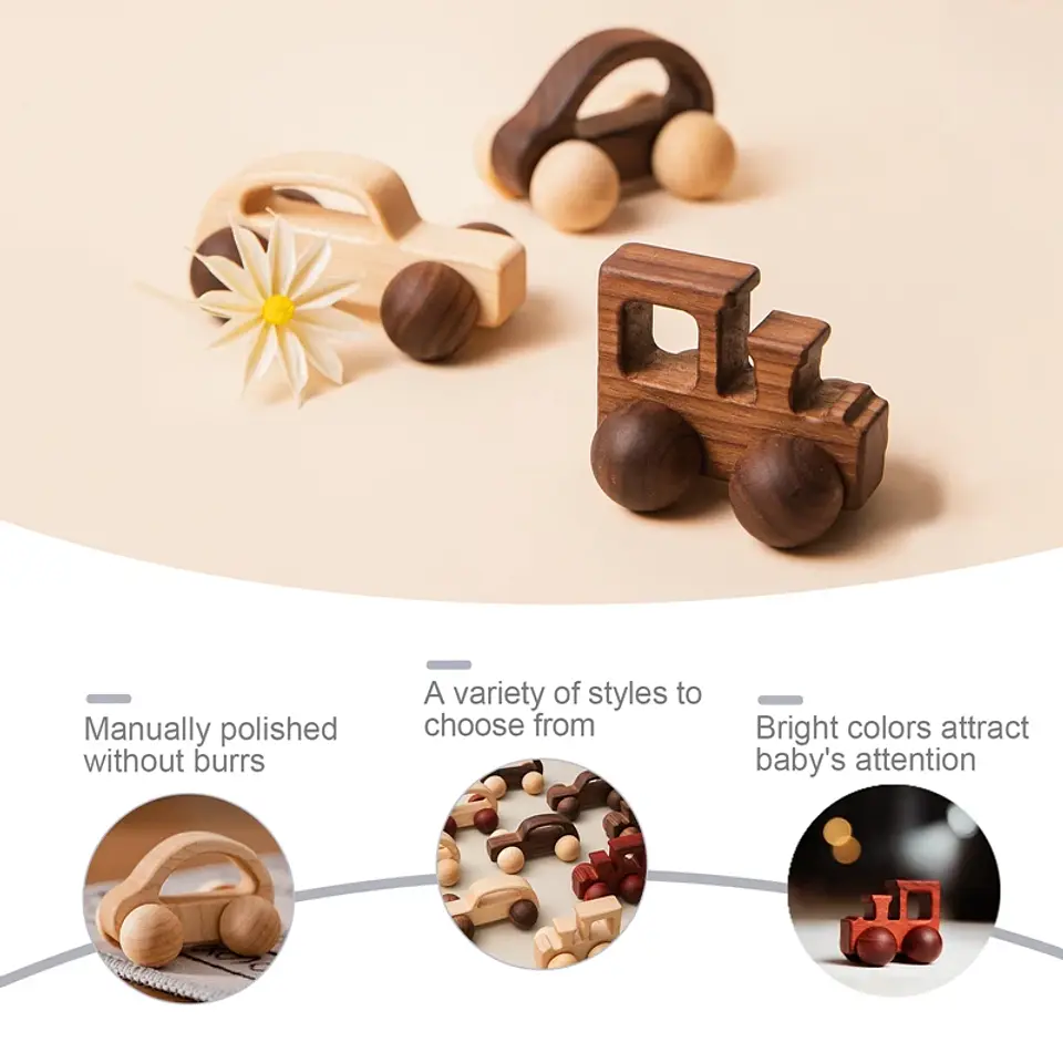 Wooden Beech Car Toy Montessori Wooden Vehicle for Fine Motor Skills & Imaginative Play 3