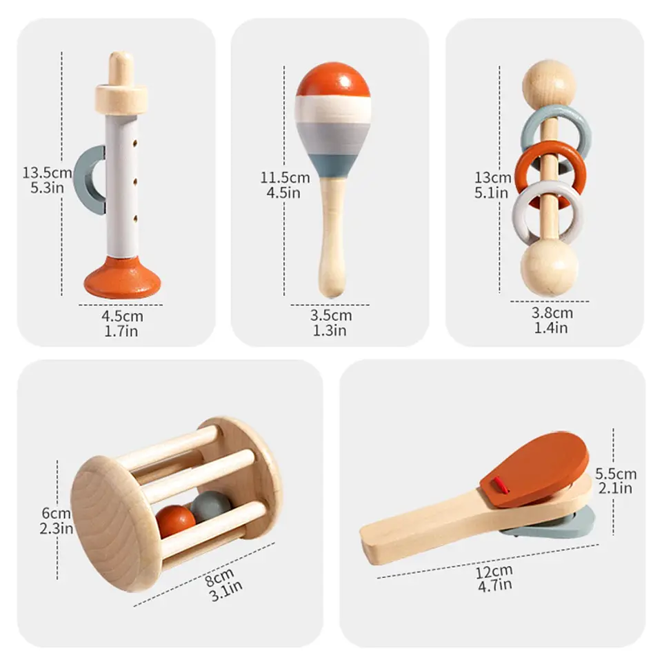 Ensemble d'instruments de musique en bois pour bébés – Lot de 5 jouets musicaux sensoriels Montessori pour enfants 6