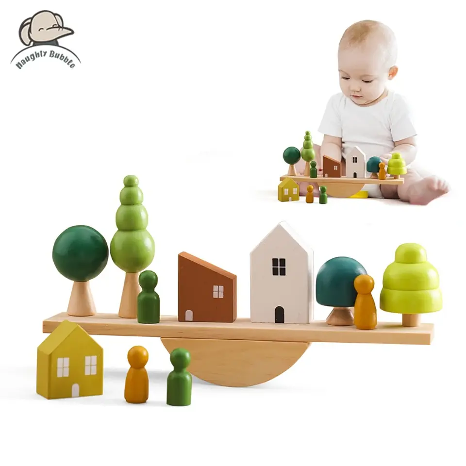 Montessori Wooden Forest Stacking Blocks Balancing & Threading Toy for Kids 2
