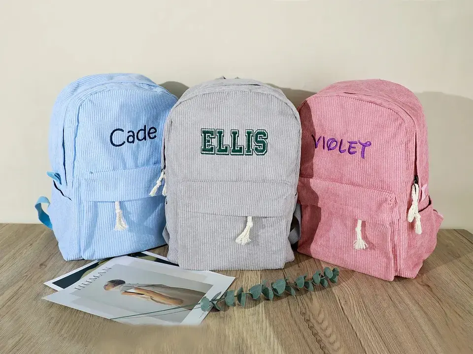 Personalized Corduroy Kids Backpack  Embroidered Name Bag 3