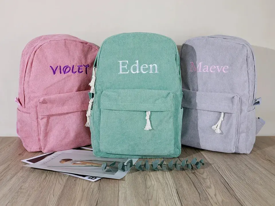 Personalized Corduroy Kids Backpack  Embroidered Name Bag 4