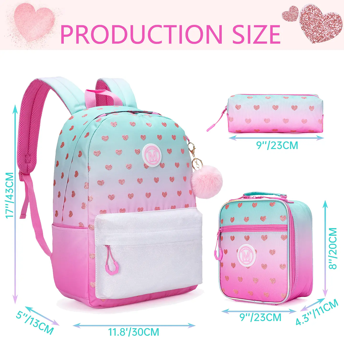 Love Girls Backpack Set 3PCS School Bag with Lunch Bag 2