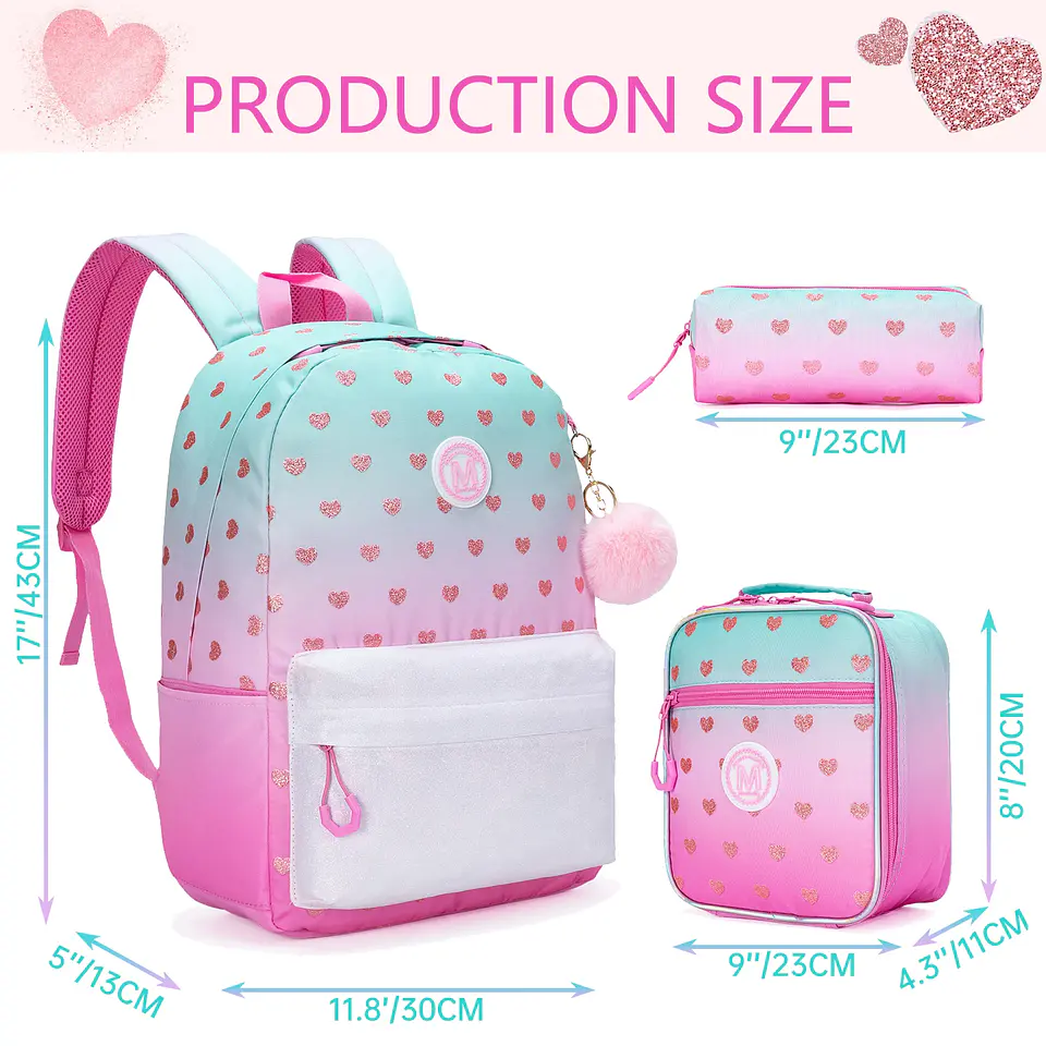 Love Girls Backpack Set 3PCS School Bag with Lunch Bag 2