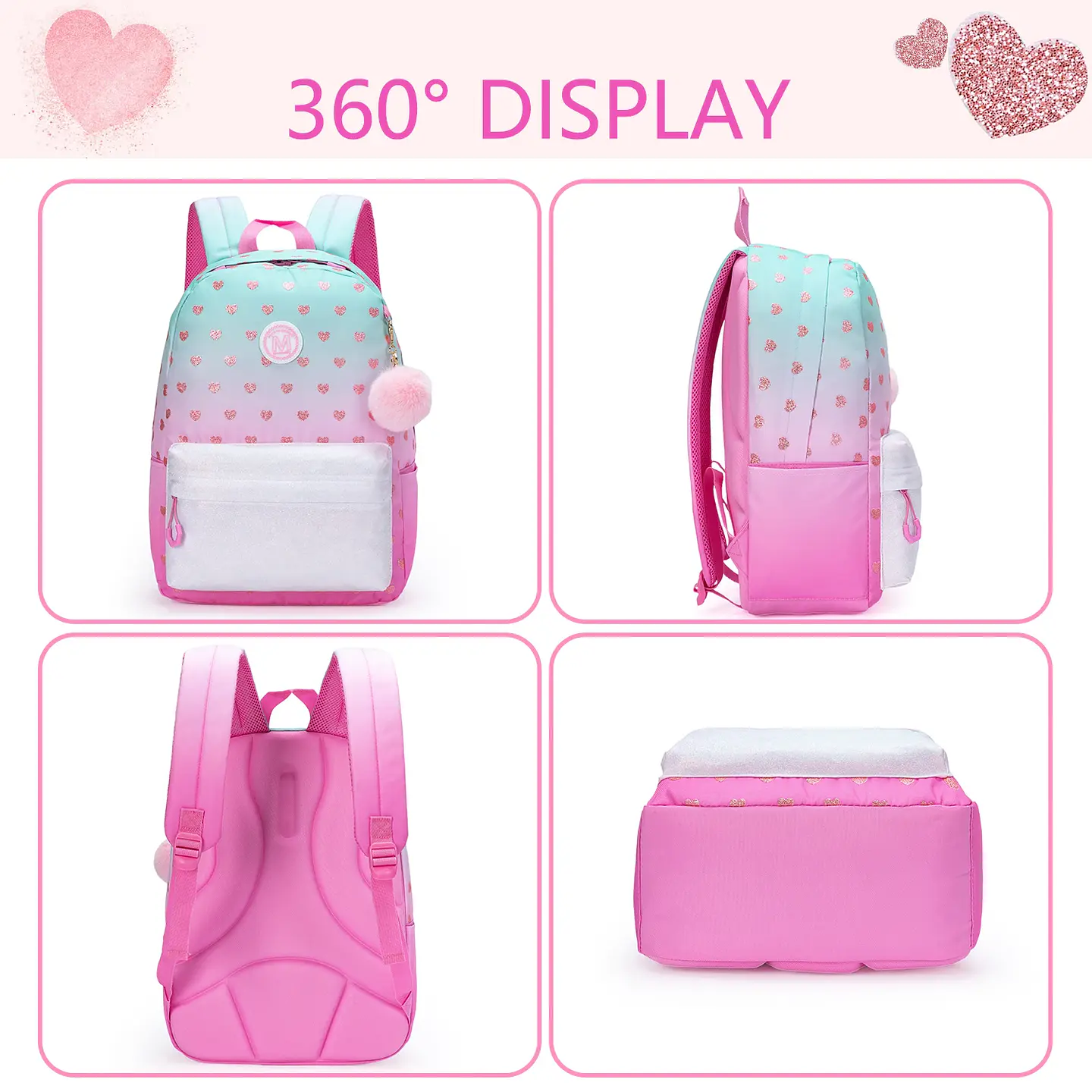 Love Girls Backpack Set 3PCS School Bag with Lunch Bag 3