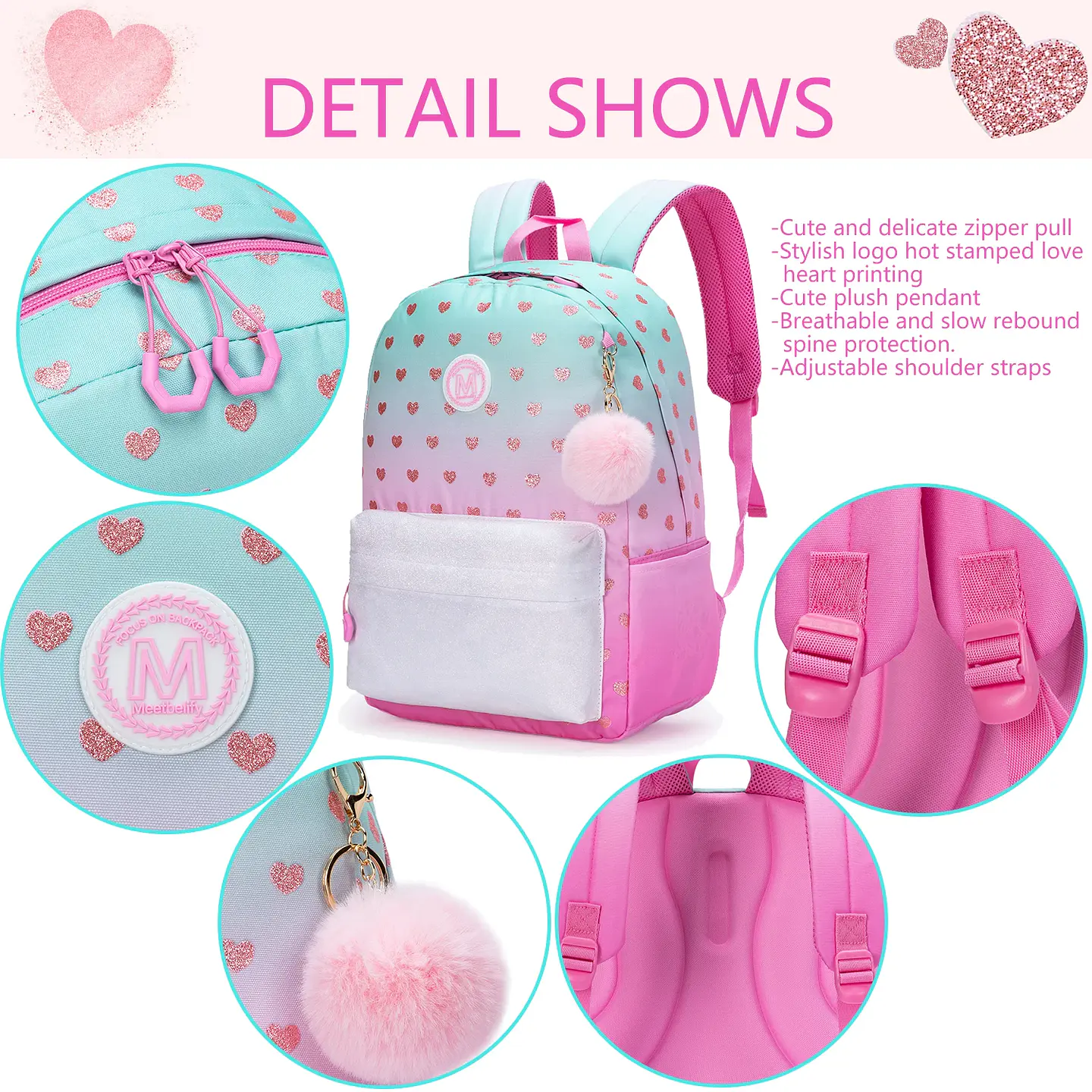 Love Girls Backpack Set 3PCS School Bag with Lunch Bag 4