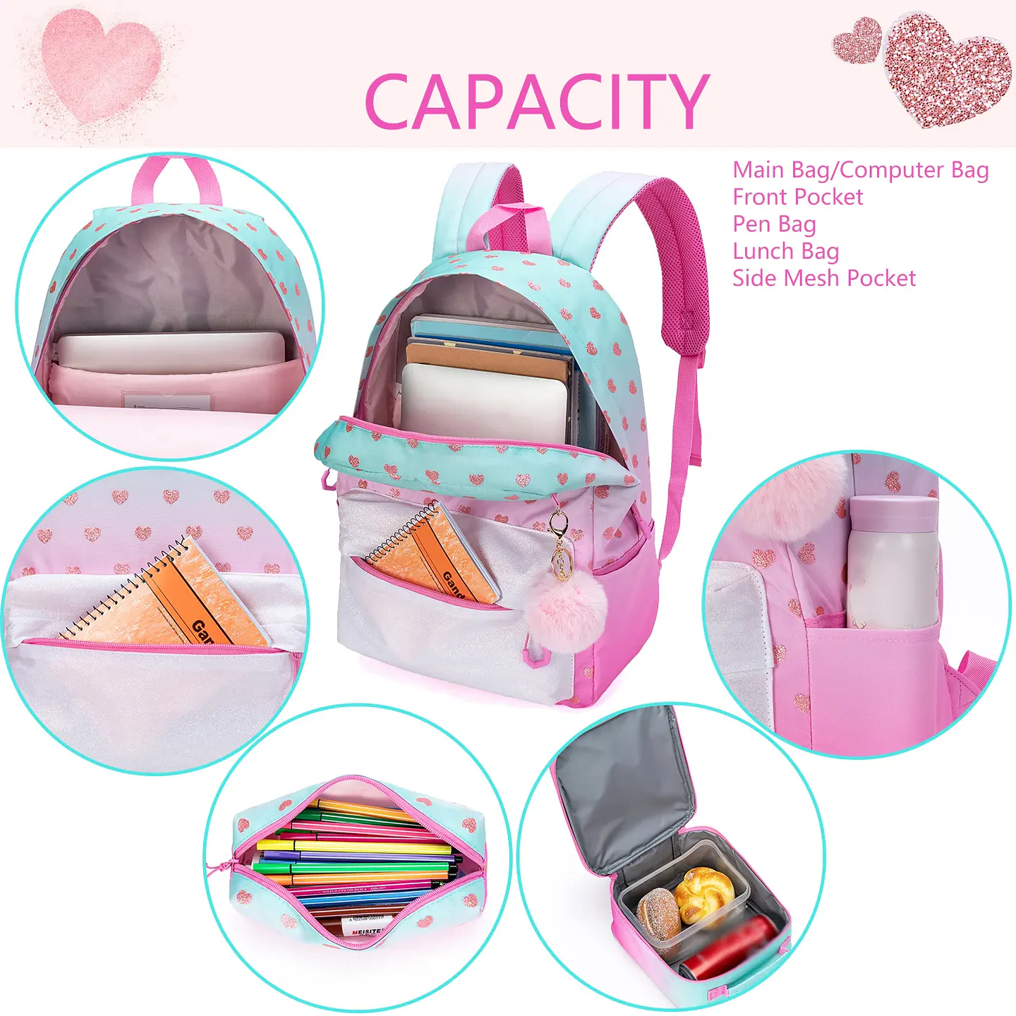 Love Girls Backpack Set 3PCS School Bag with Lunch Bag 5