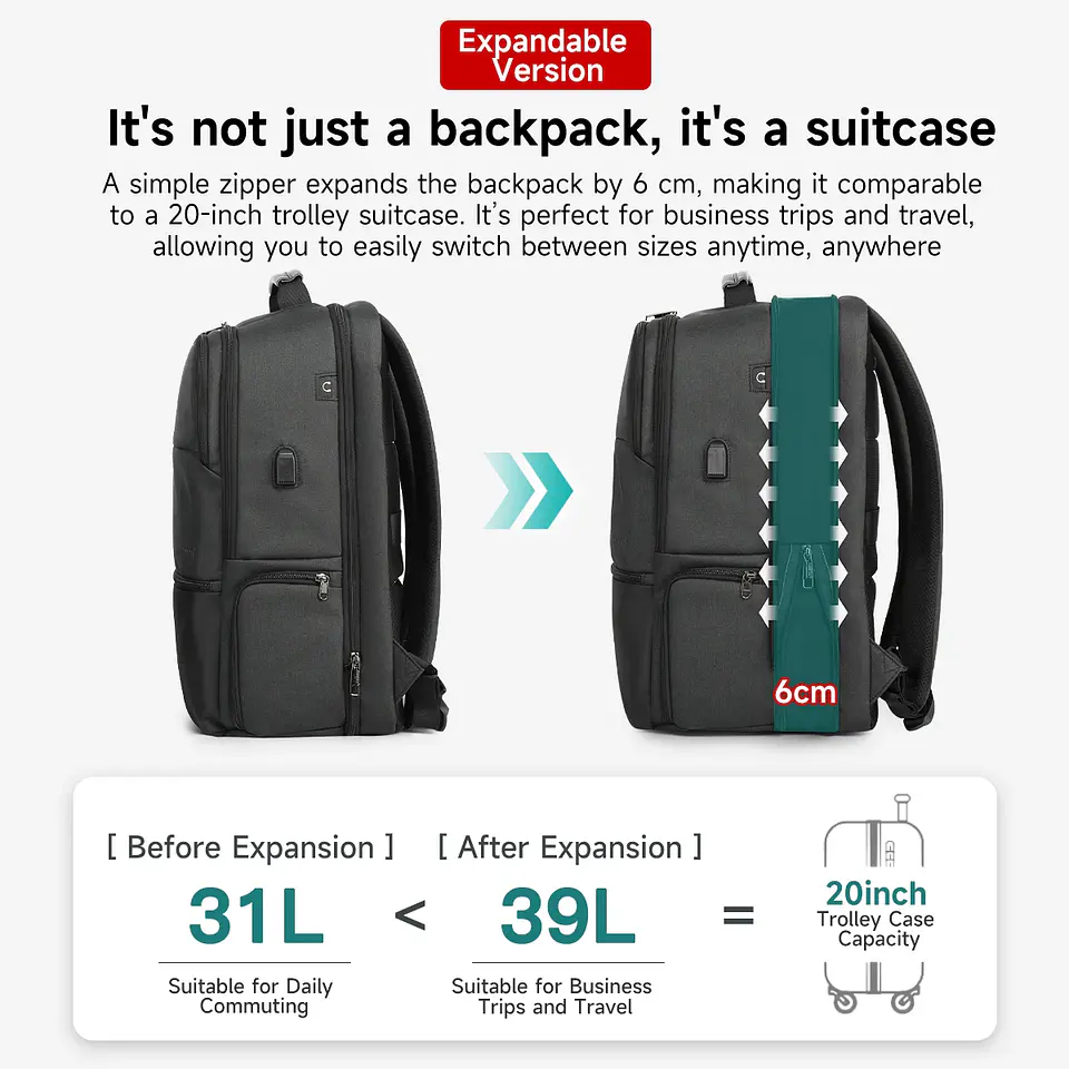 RFID Laptop Backpack – USB Charging, Expandable 2