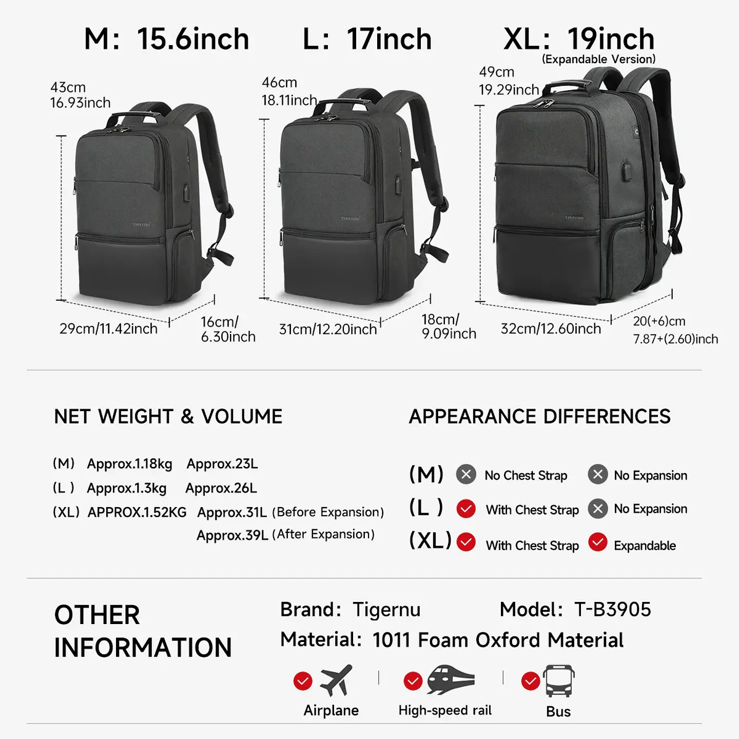RFID Laptop Backpack – USB Charging, Expandable 3