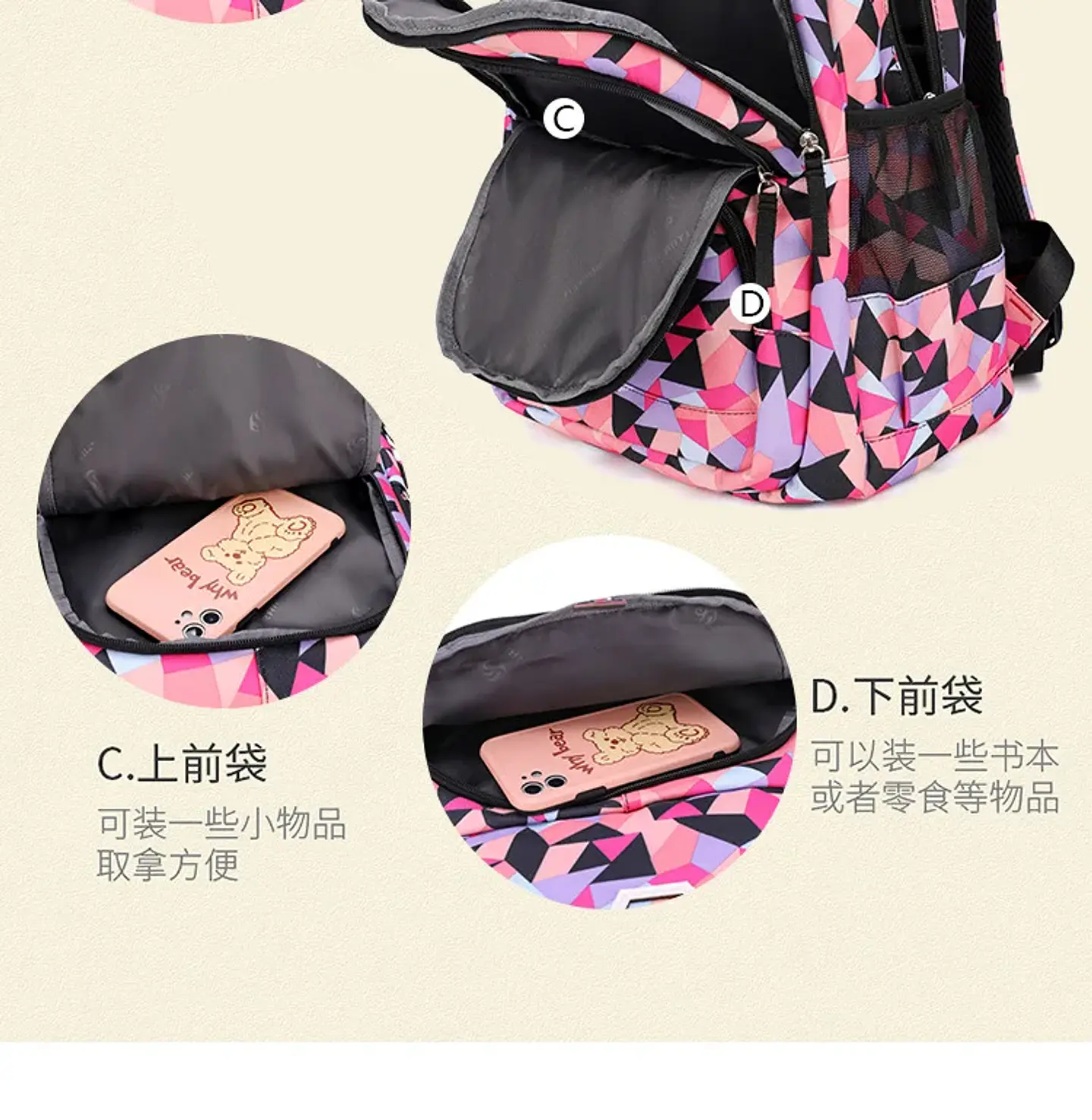 Geometric Print Waterproof Backpack – Girls 21
