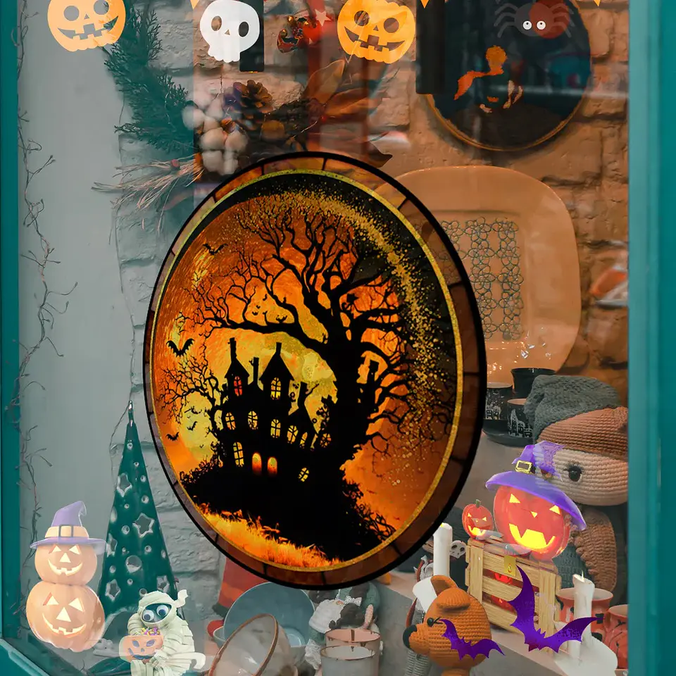 Static Glass Window Stickers – Halloween Castle & Cat 22