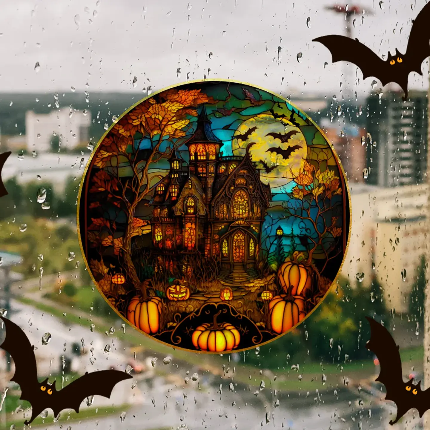 Static Glass Window Stickers – Halloween Castle & Cat 60