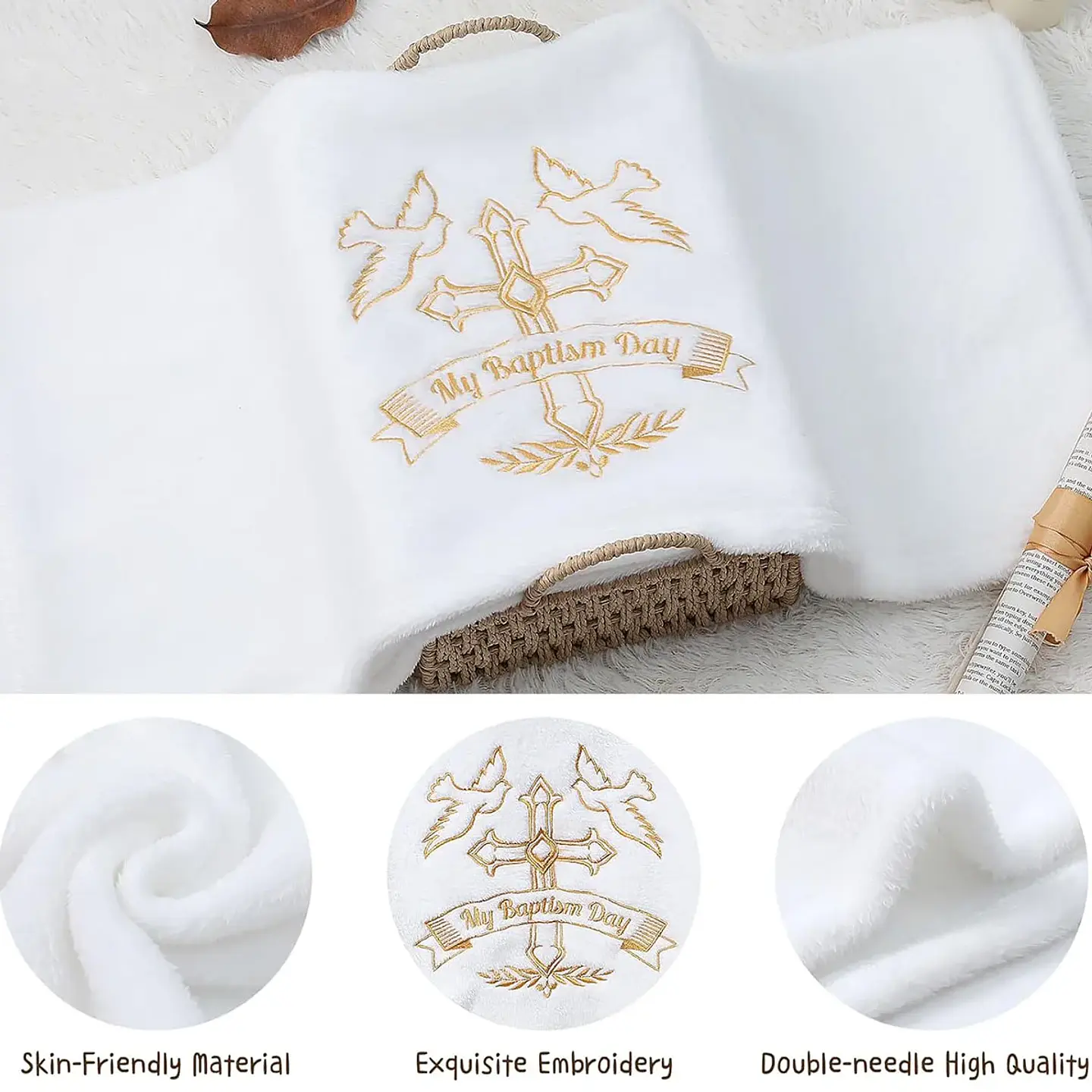 Embroidered White Baptism Blanket – Christening Gift 4
