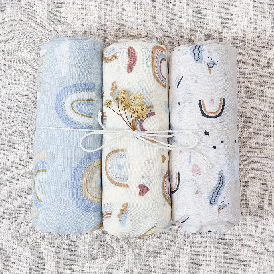 Bamboo Cotton Muslin Swaddle Blanket Set – 3 Pieces 9