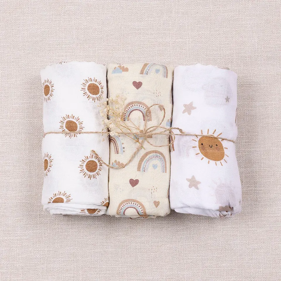 Bamboo Cotton Muslin Swaddle Blanket Set – 3 Pieces 13