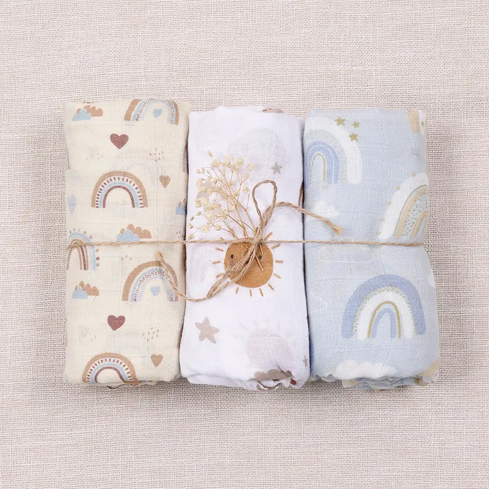Bamboo Cotton Muslin Swaddle Blanket Set – 3 Pieces 16