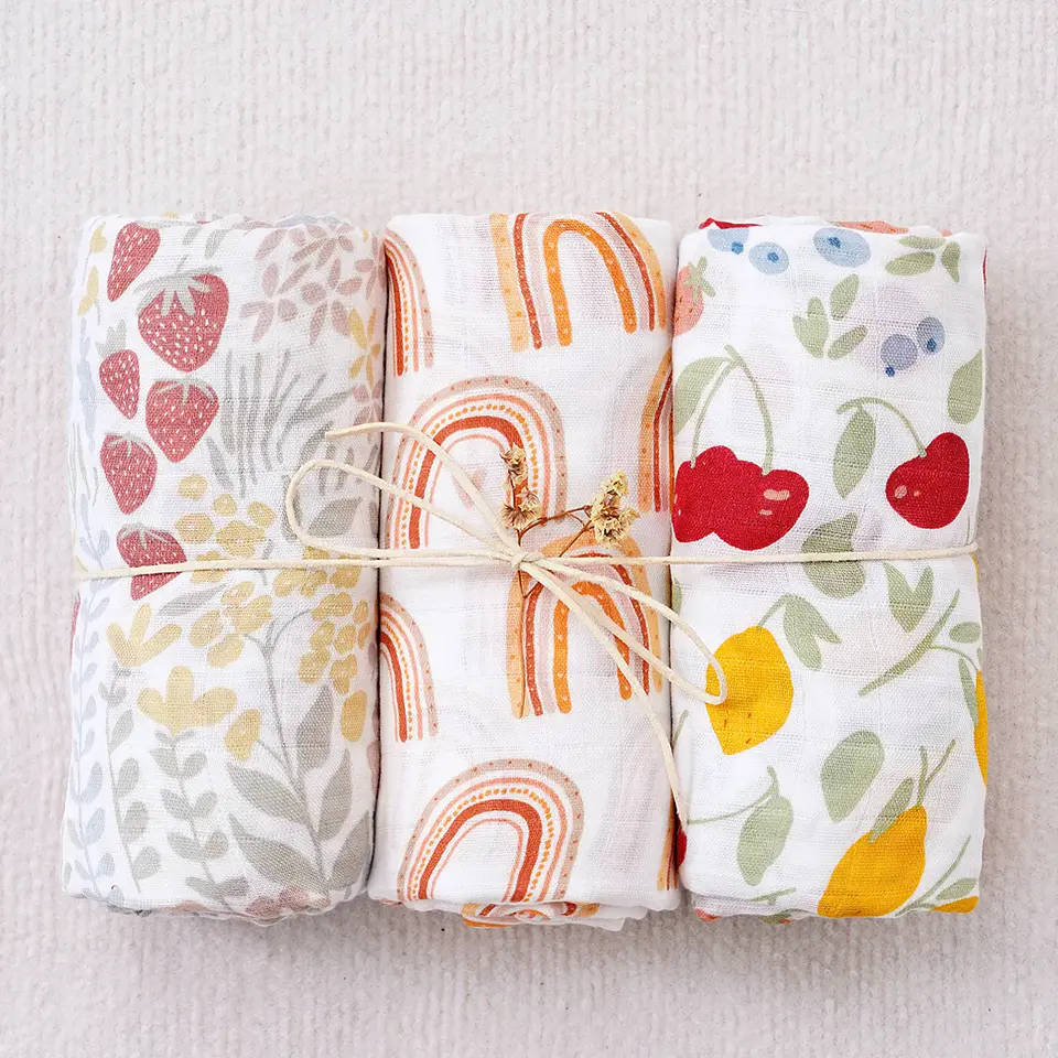 Bamboo Cotton Muslin Swaddle Blanket Set – 3 Pieces 18