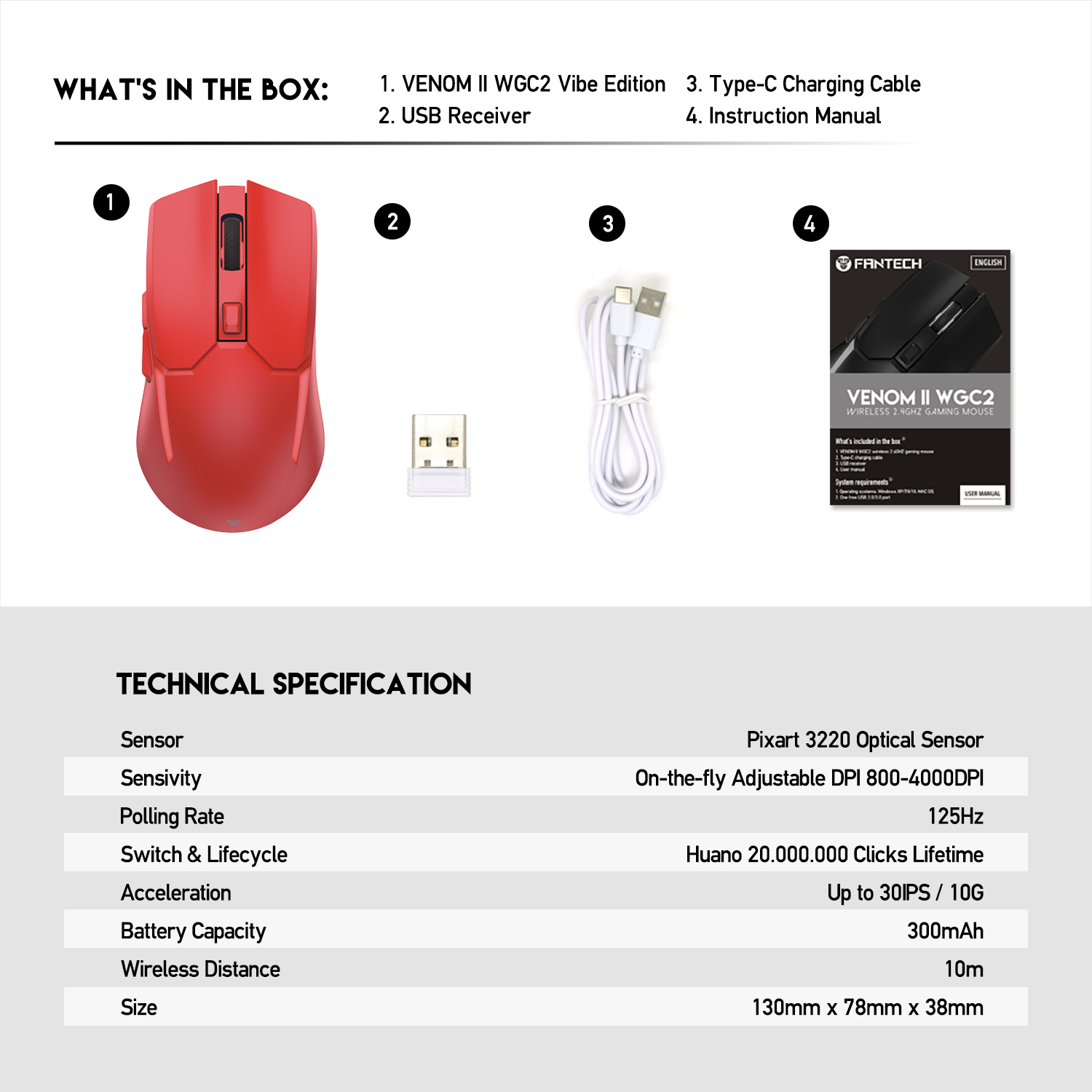 WGC2 VENOM II Vibe Edition Red Mouse Inalámbrico 4.000 DPI 15