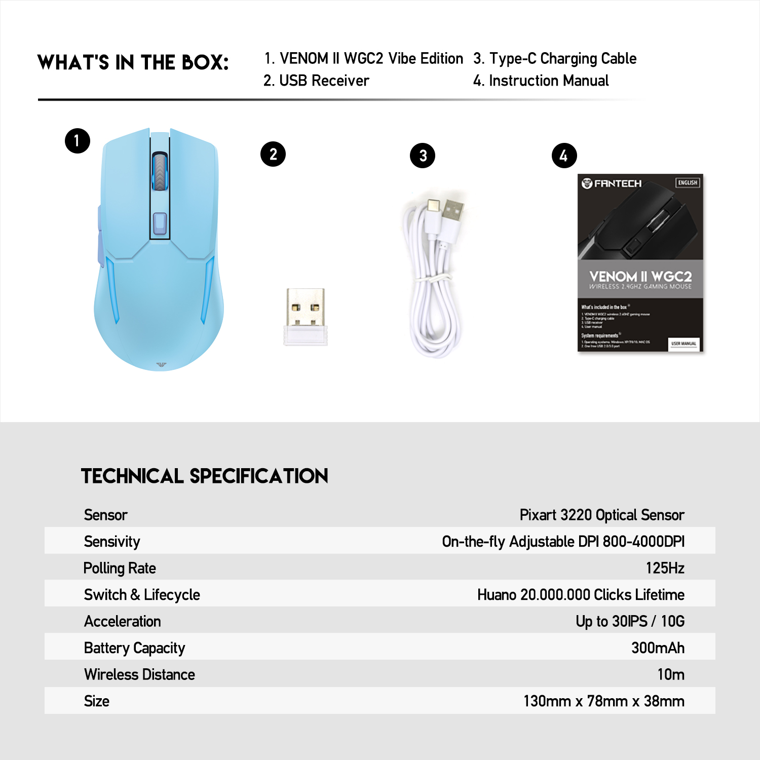 WGC2 VENOM II Vibe Edition Blue Mouse Inalámbrico 4.000 DPI 15