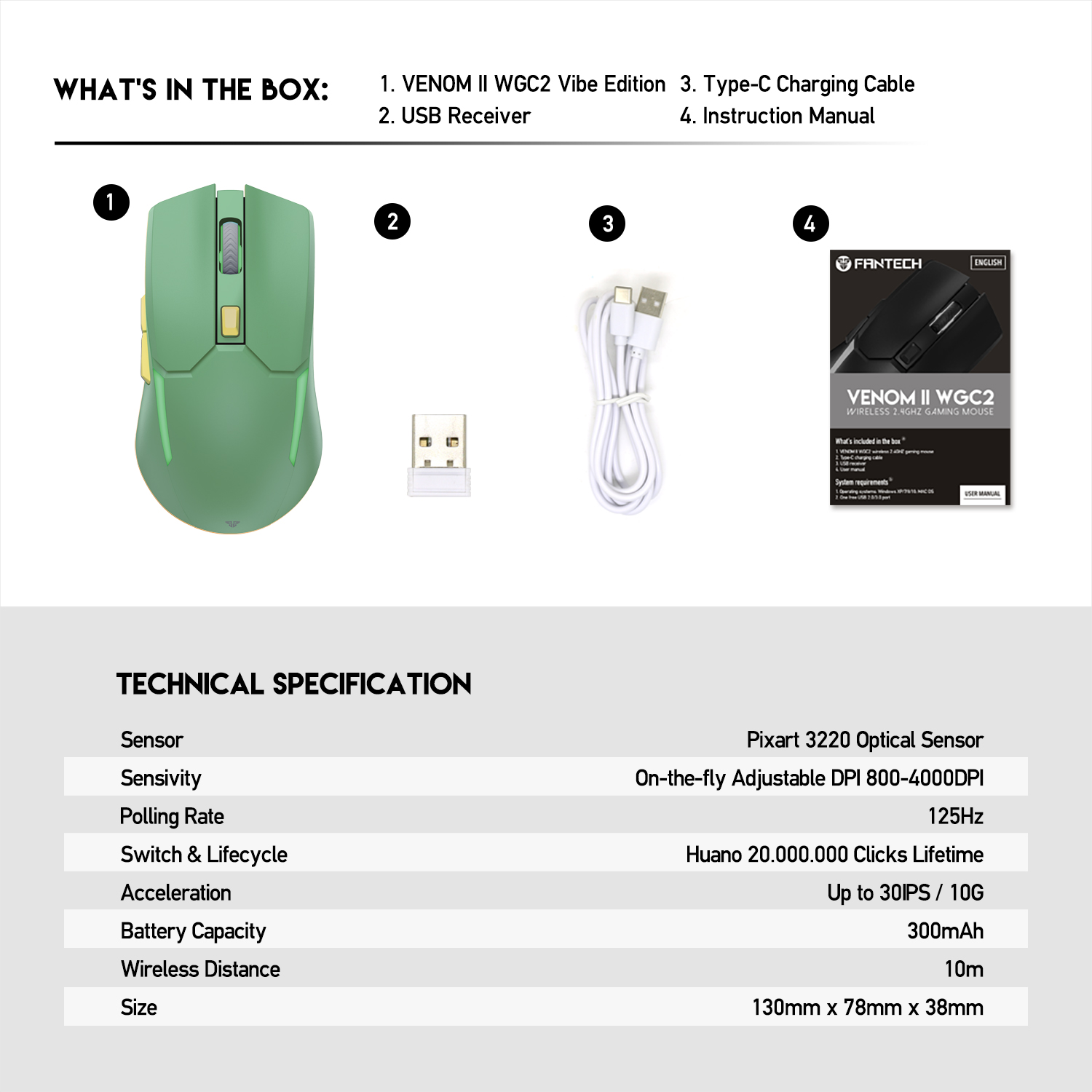 WGC2 VENOM II Vibe Edition Green Mouse Inalámbrico 4.000 DPI 15