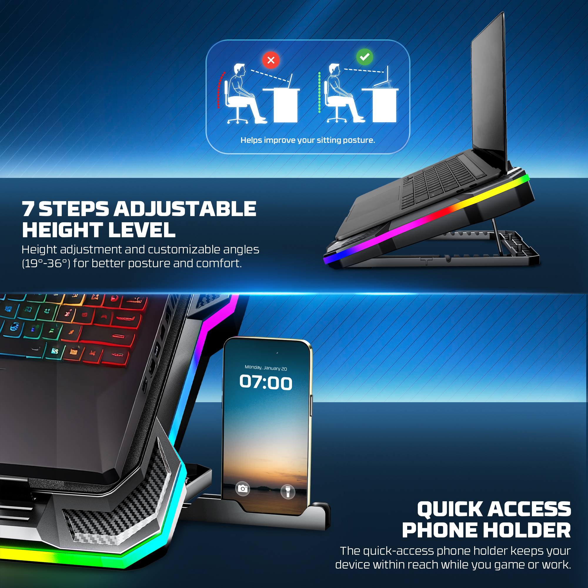 NC22 Black Base de Notebook con Ventilación RGB y Soporte de Teléfono 13