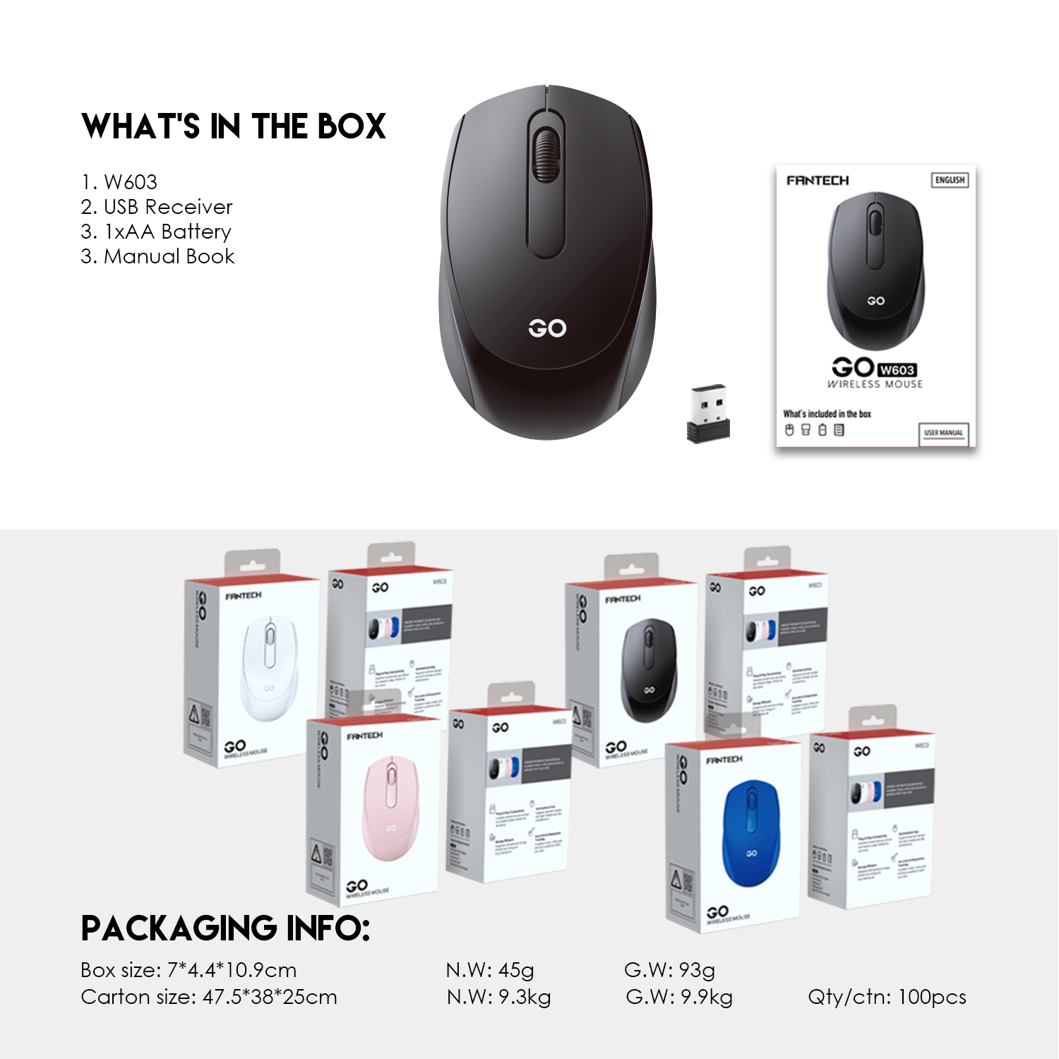 W603 GO Black Mouse inalámbrico de oficina 1.600 DPI 9