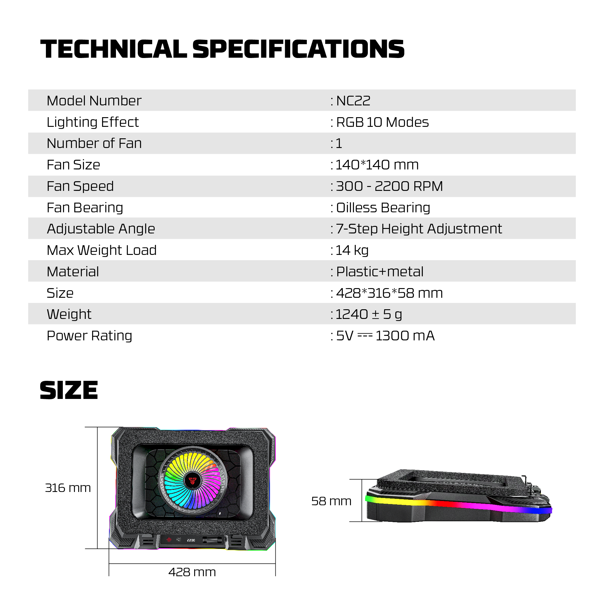 NC22 Black Base de Notebook con Ventilación RGB y Soporte de Teléfono 18