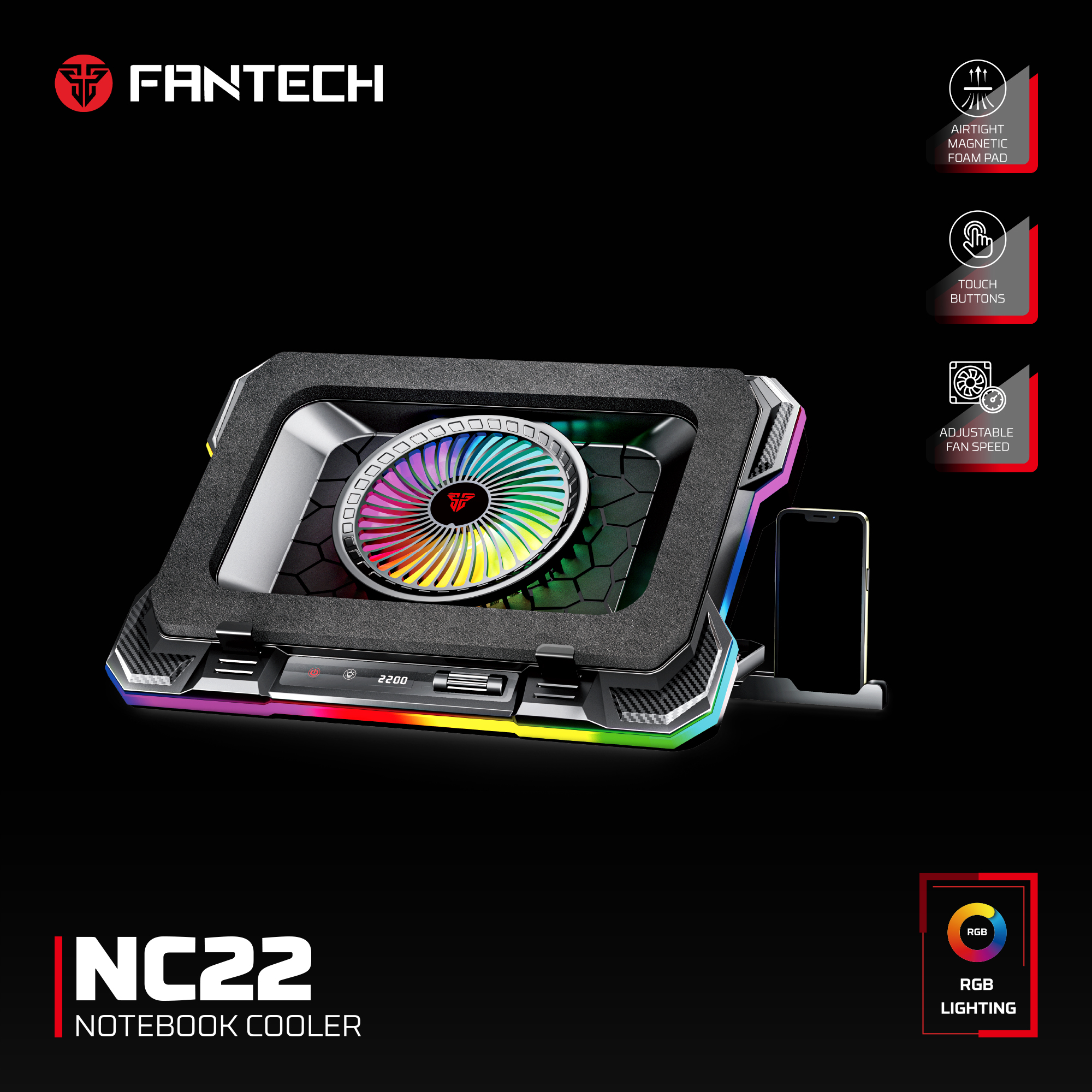 NC22 Black Base de Notebook con Ventilación RGB y Soporte de Teléfono 19