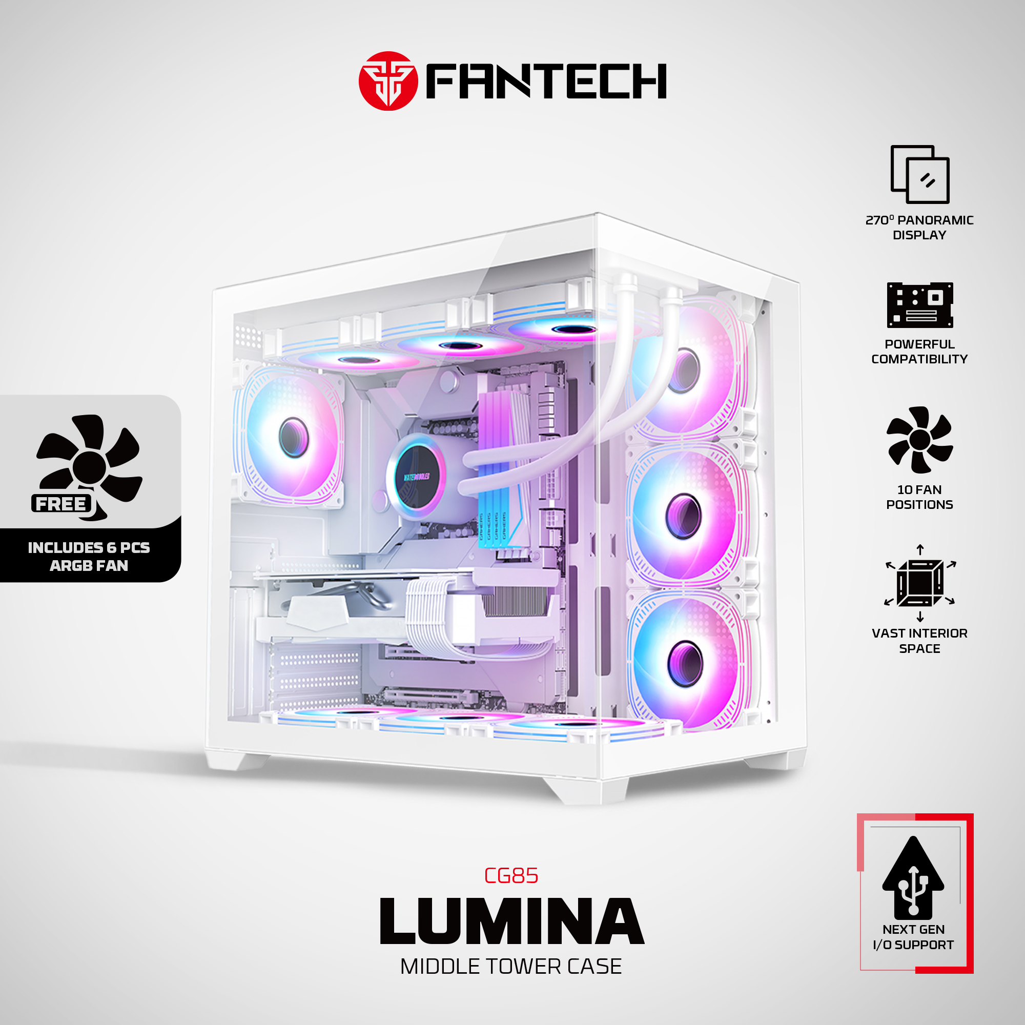 CG85 LUMINA White Gabinete Pecera con 6 Ventiladores aRGB 17