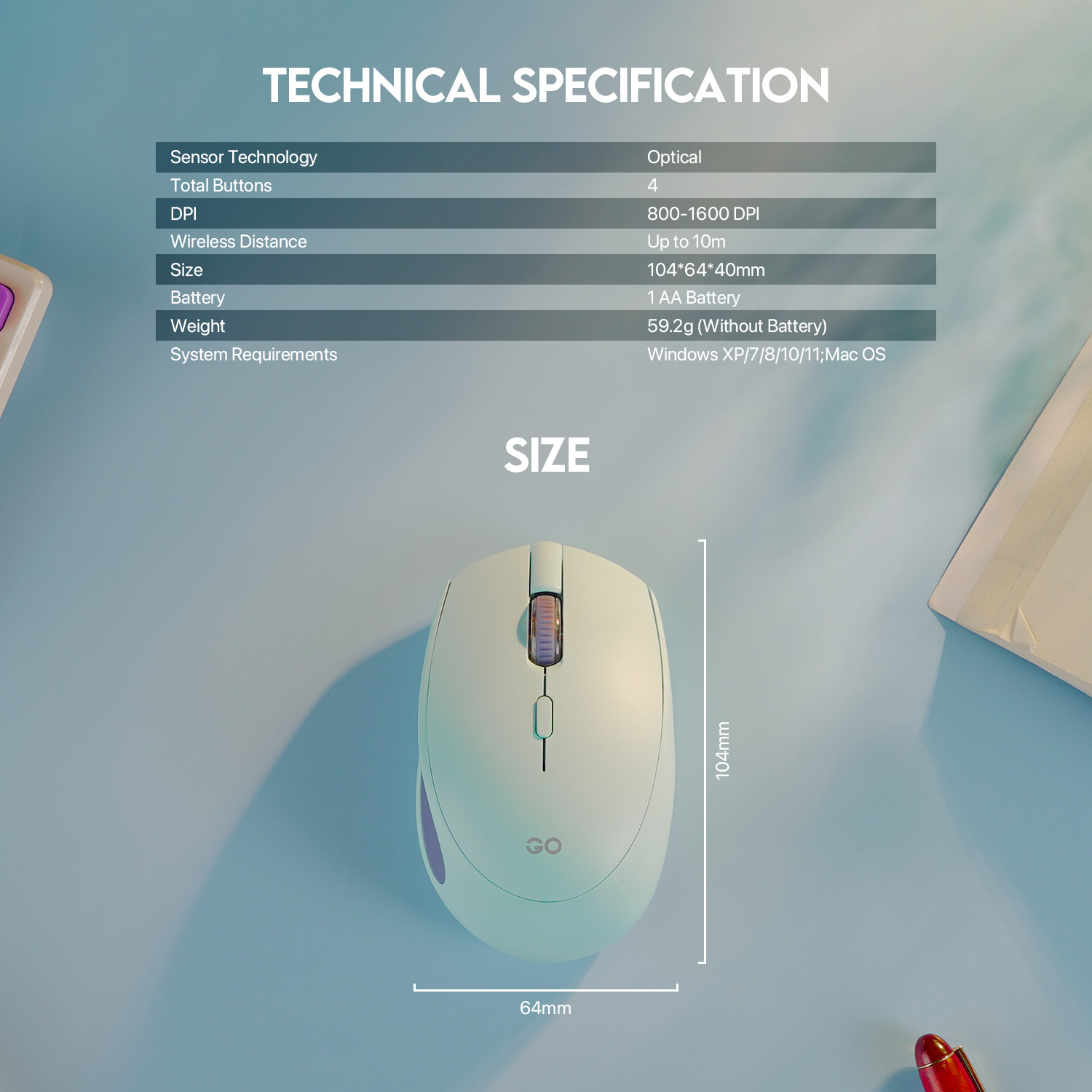 W193 GO Pink Mouse inalámbrico Bluetooth 5.0 y Receptor USB 1.600 DPI 11