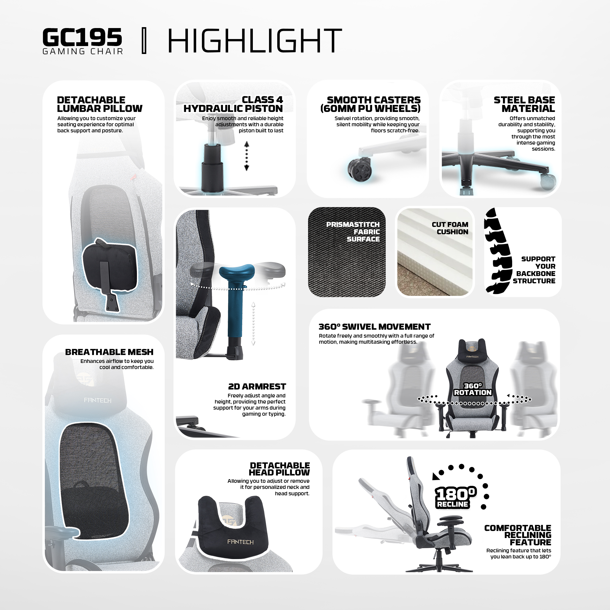 GC195 Grey Silla Ergonómica de Tela Respirable 12