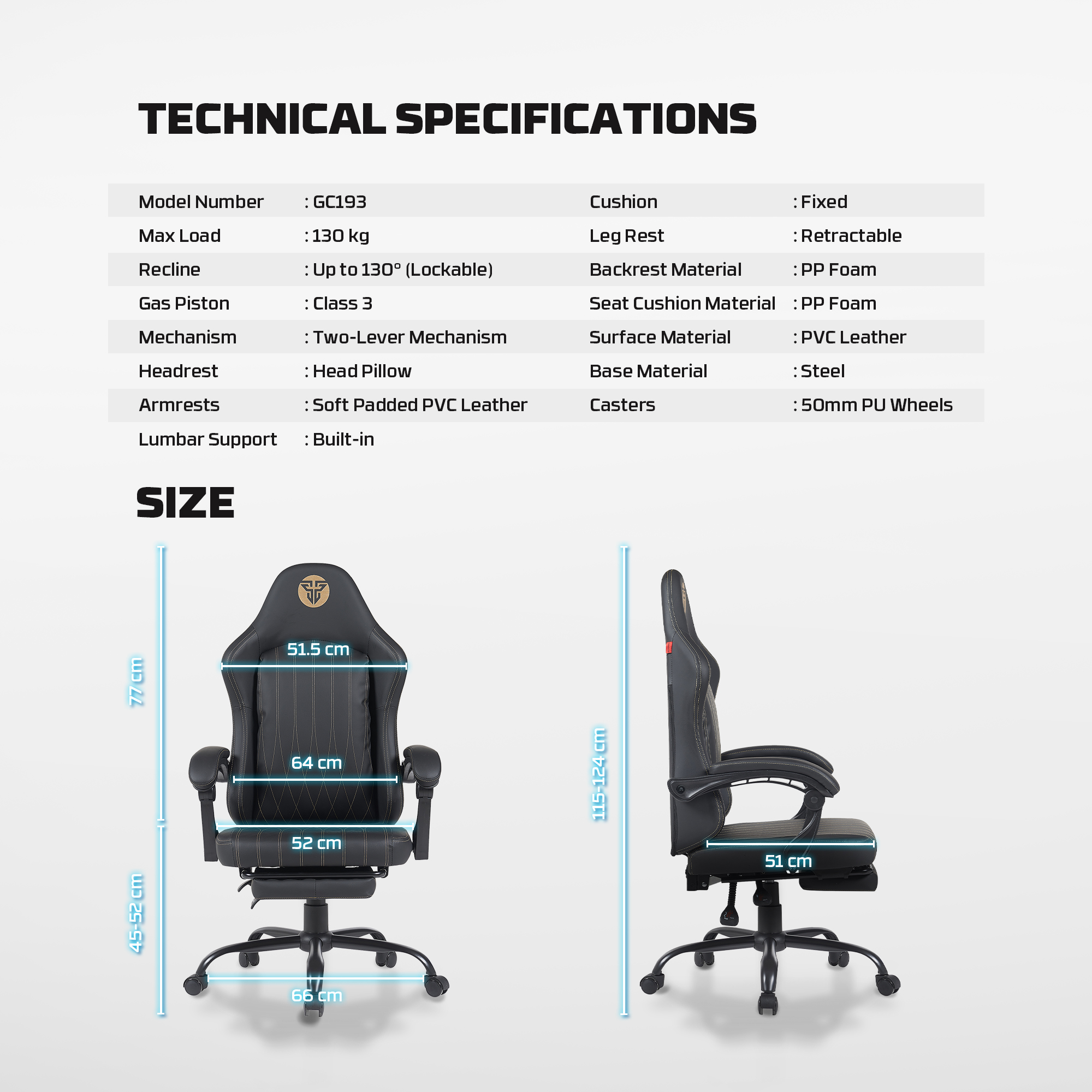 GC193 BLACK Silla Gamer Ergonómica de Ecocuero con Reposapiés 17