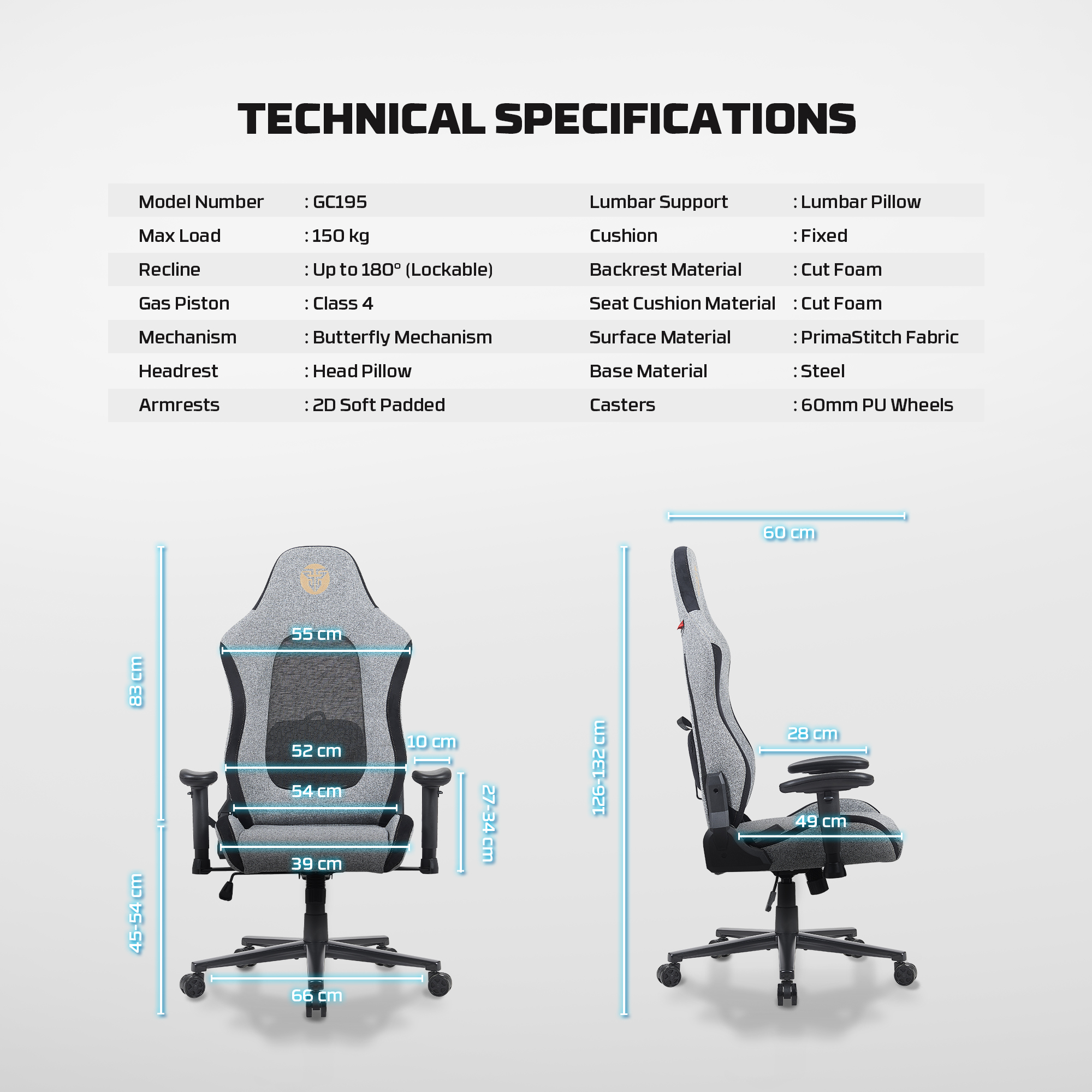 GC195 Grey Silla Ergonómica de Tela Respirable 18
