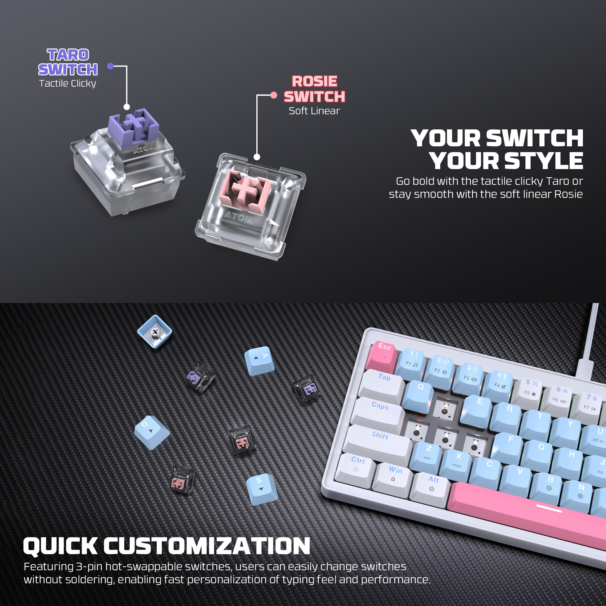 MK611 ATOM X63 Ame White Teclado Mecánico 60% RGB Hot-Swappable Layout USA 12
