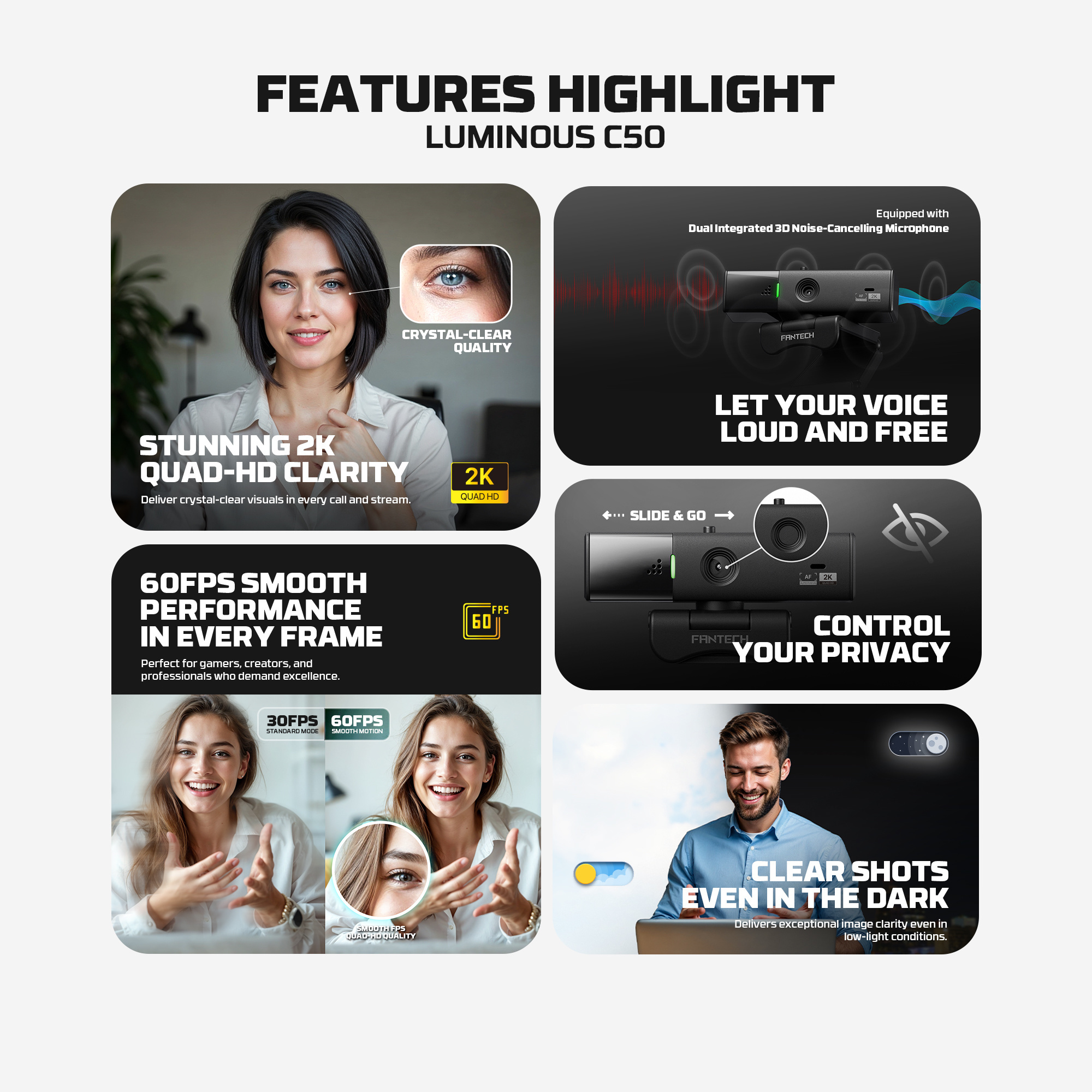 C50 LUMINOUS Black Webcam 2K Cámara Web Quad HD 60 FPS 16