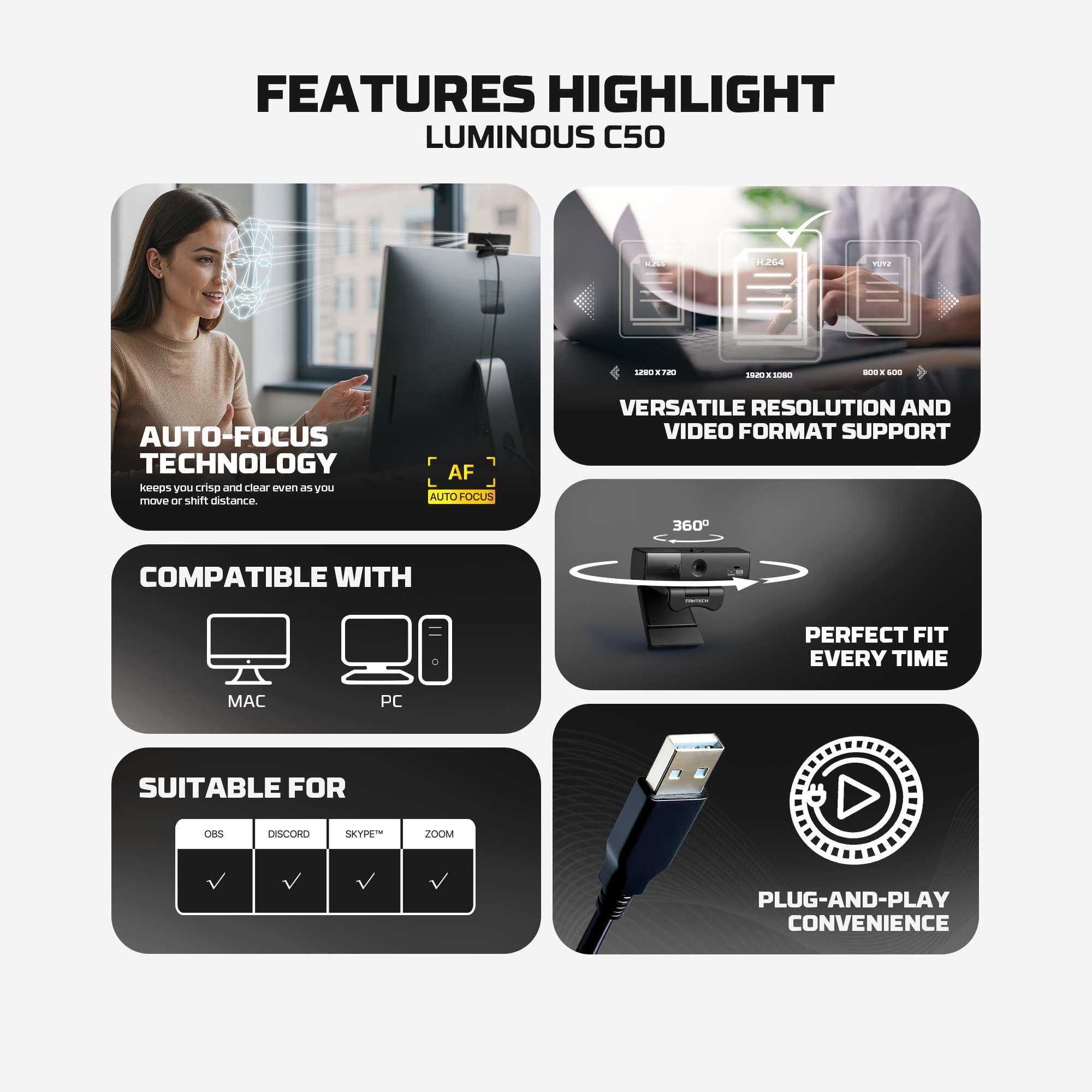 C50 LUMINOUS Black Webcam 2K Cámara Web Quad HD 60 FPS 19