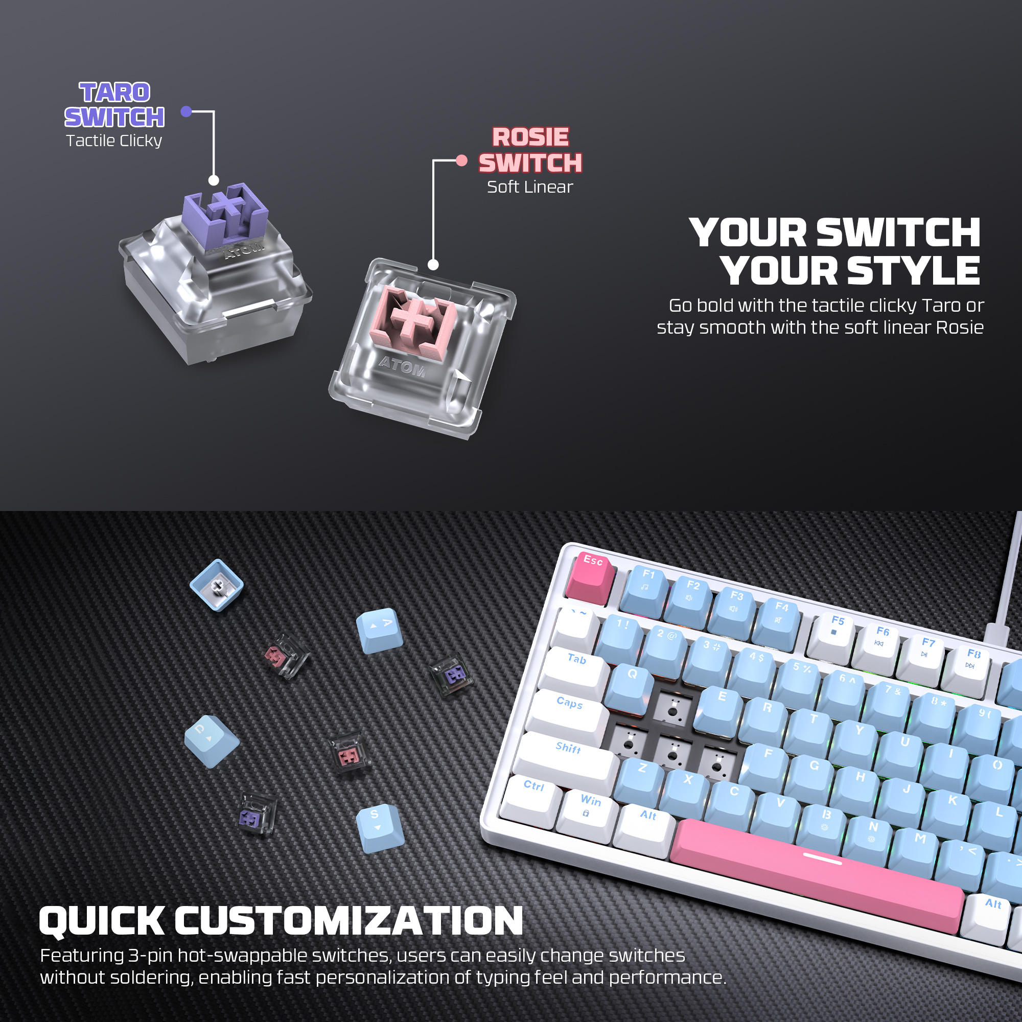 MK612 ATOM X83 Ame White Teclado Mecánico 75% RGB Hot-Swappable Layout USA 6