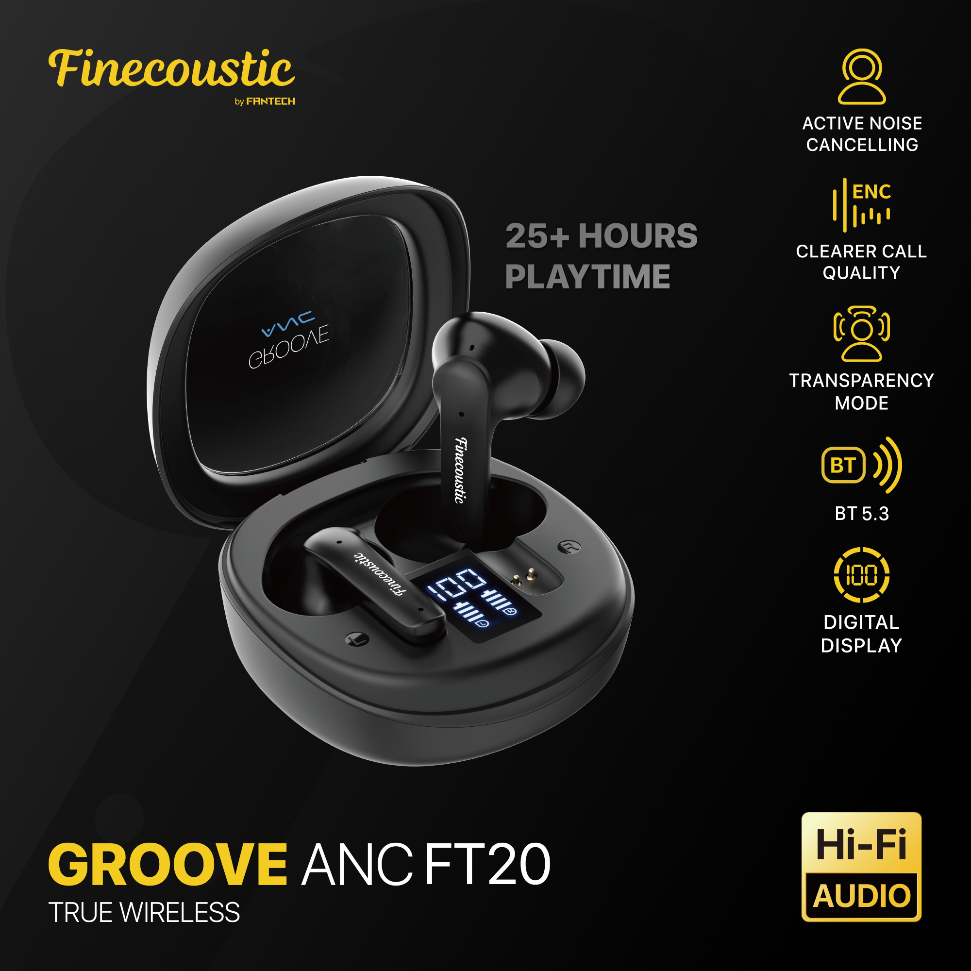 FT20 GROOVE ANC Black Audífonos Inalámbricos True Wireless Hi-Fi In Ear Finecoustic 21