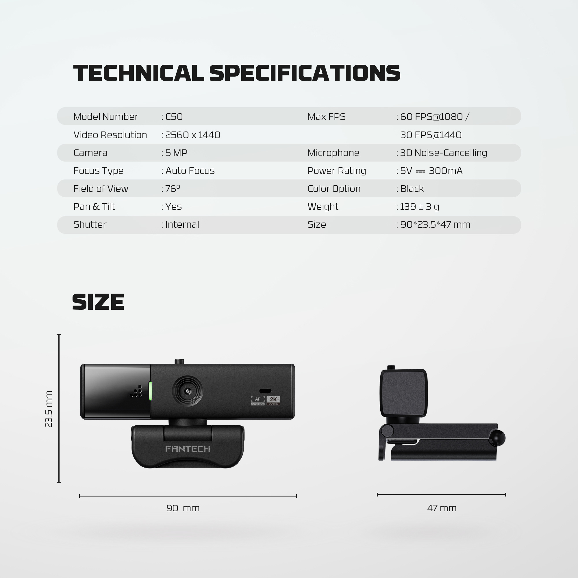 C50 LUMINOUS Black Webcam 2K Cámara Web Quad HD 60 FPS 22