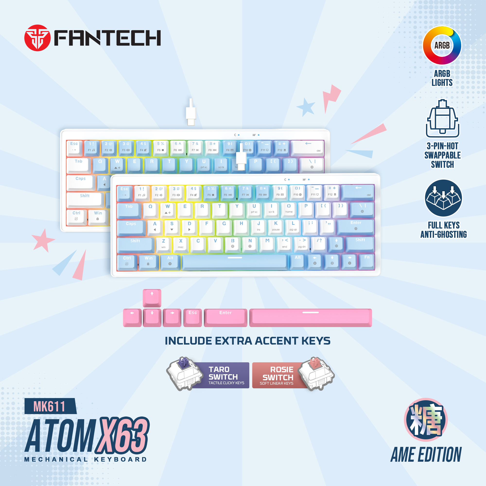 MK611 ATOM X63 Ame White Teclado Mecánico 60% RGB Hot-Swappable Layout USA 22