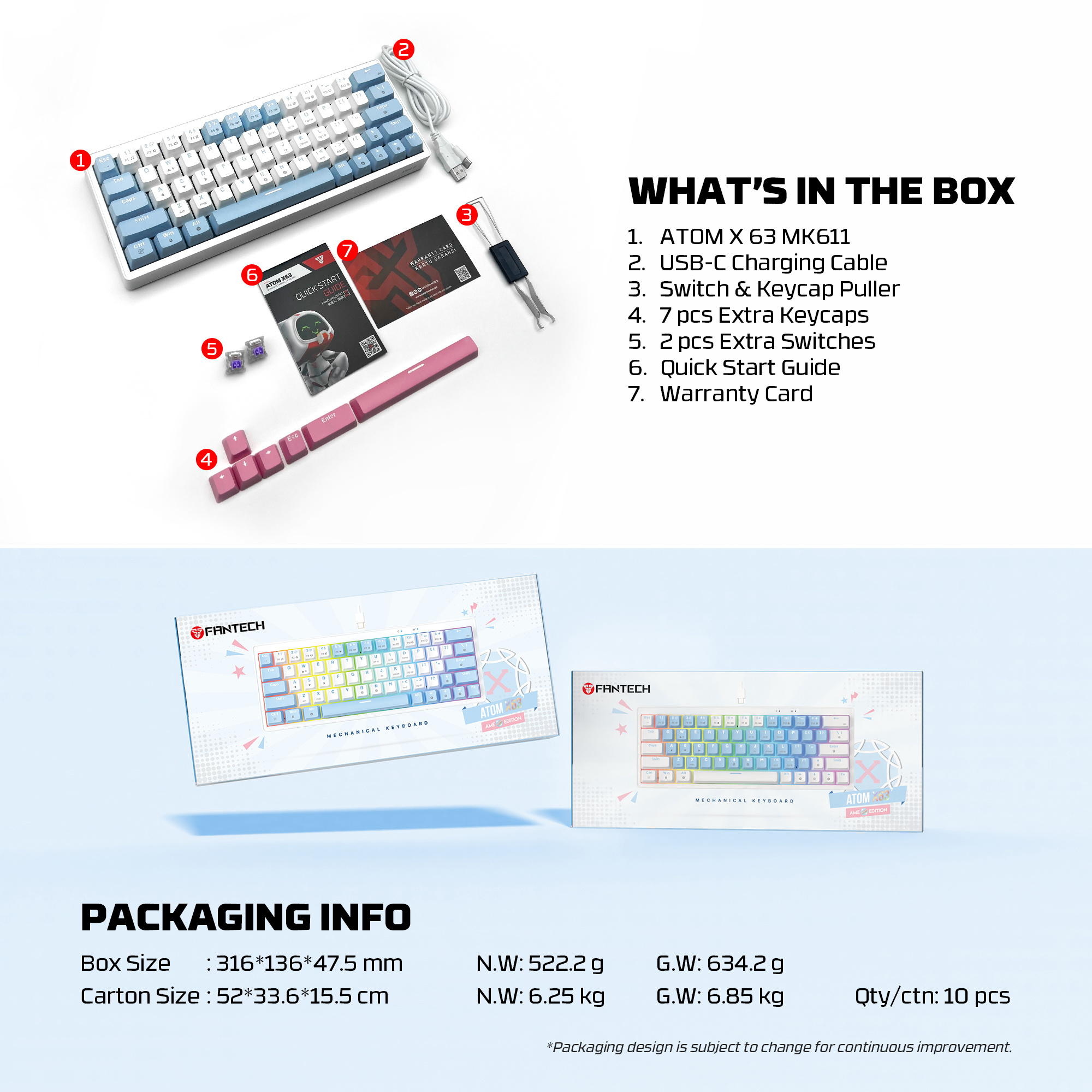 MK611 ATOM X63 Ame White Teclado Mecánico 60% RGB Hot-Swappable Layout USA 23