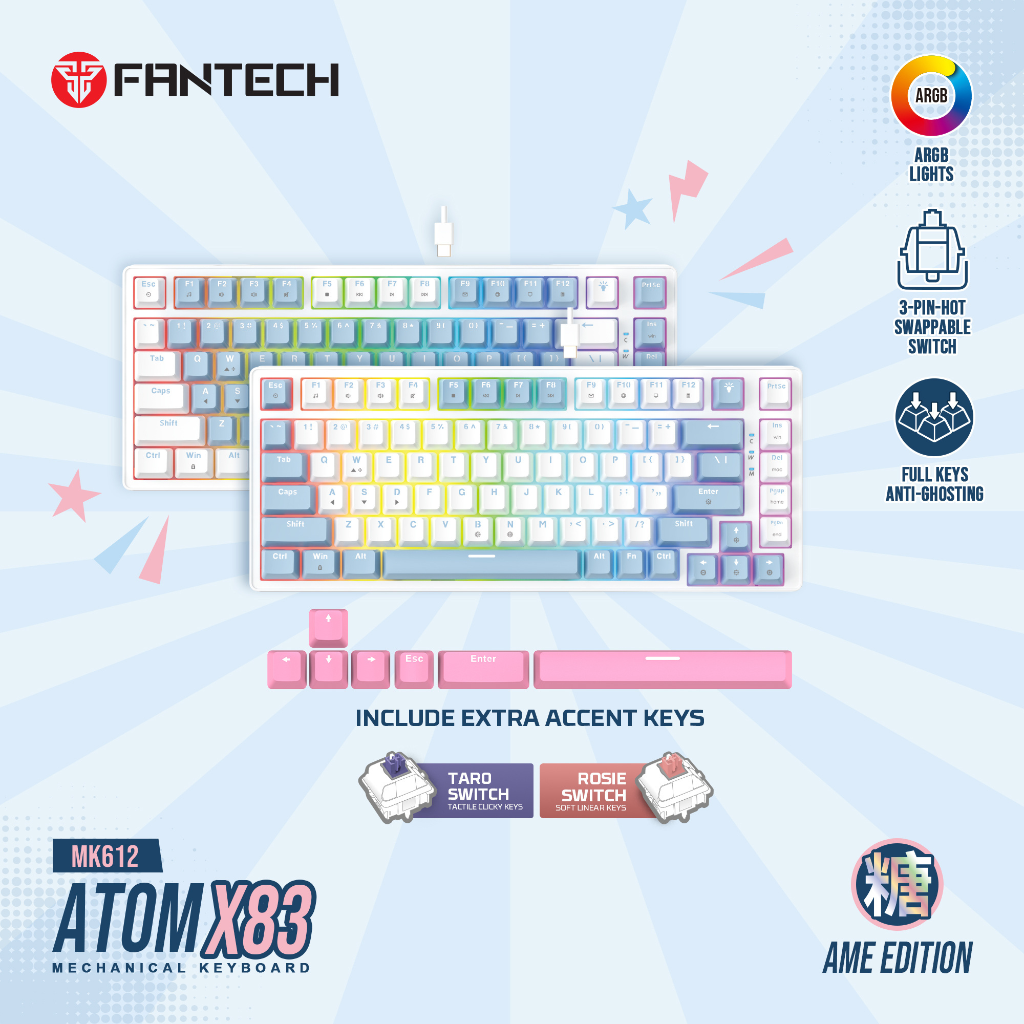 MK612 ATOM X83 Ame White Teclado Mecánico 75% RGB Hot-Swappable Layout USA 16