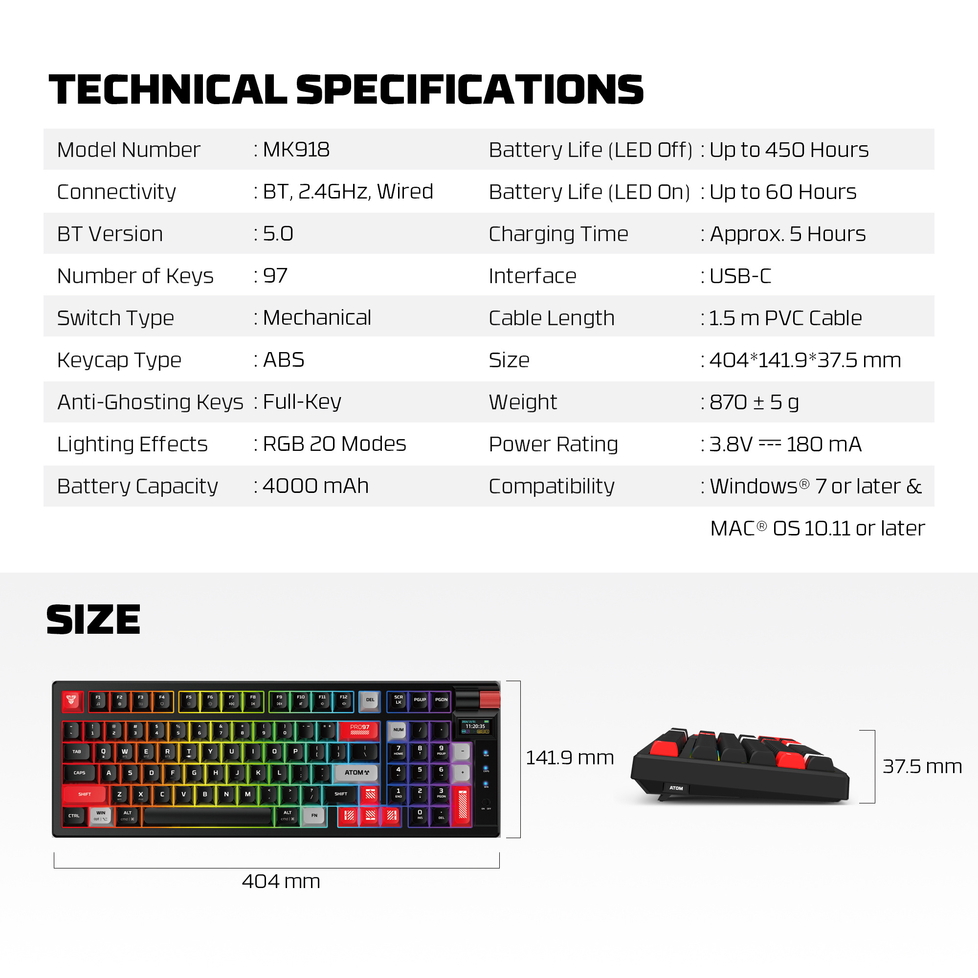 MK918 ATOM PRO97 White Teclado Mecánico Inalámbrico con Pantalla 96% Hot-Swappable Layout USA 18