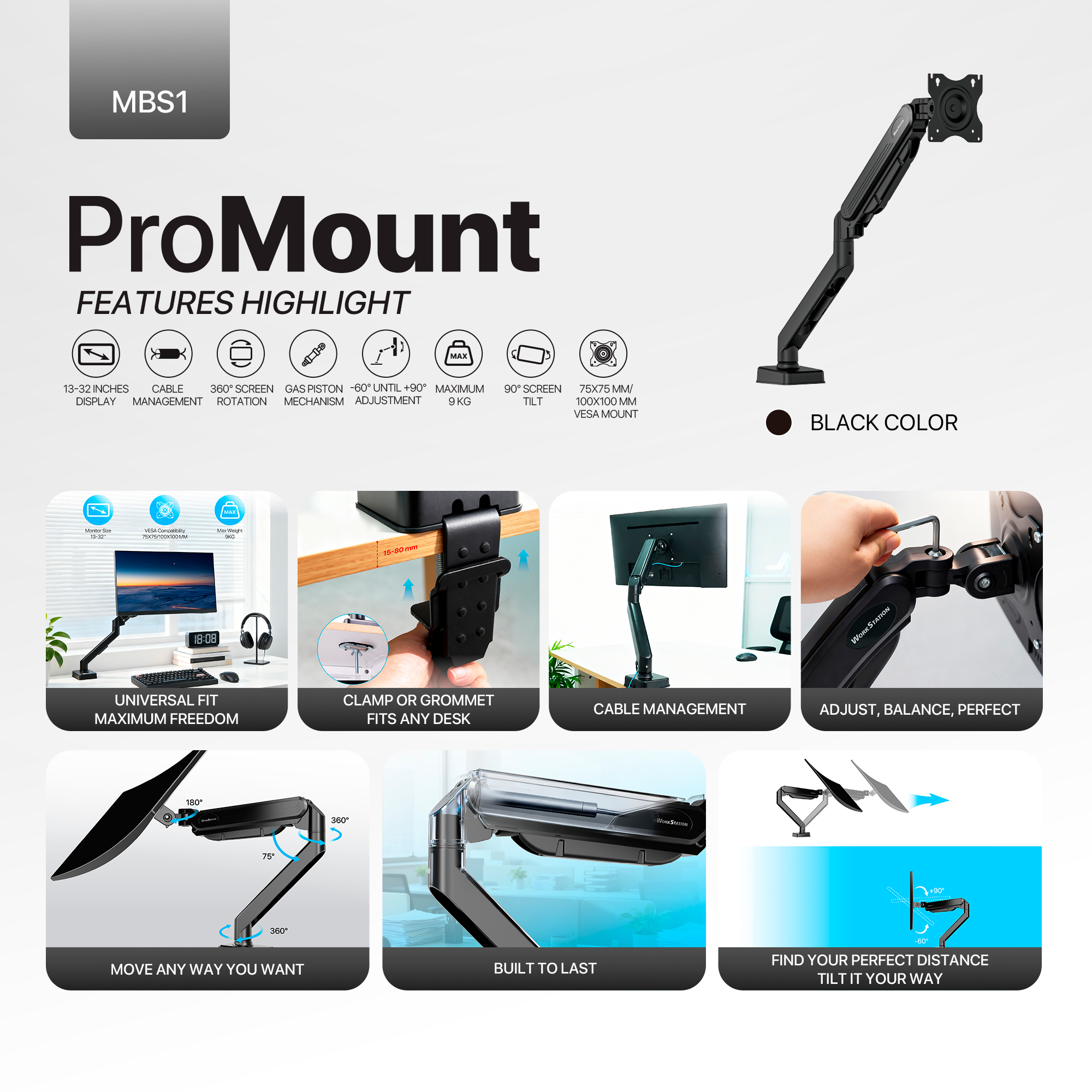 MBS1 PROMOUNT Black Soporte Monitor Single Arm WorkStation 5