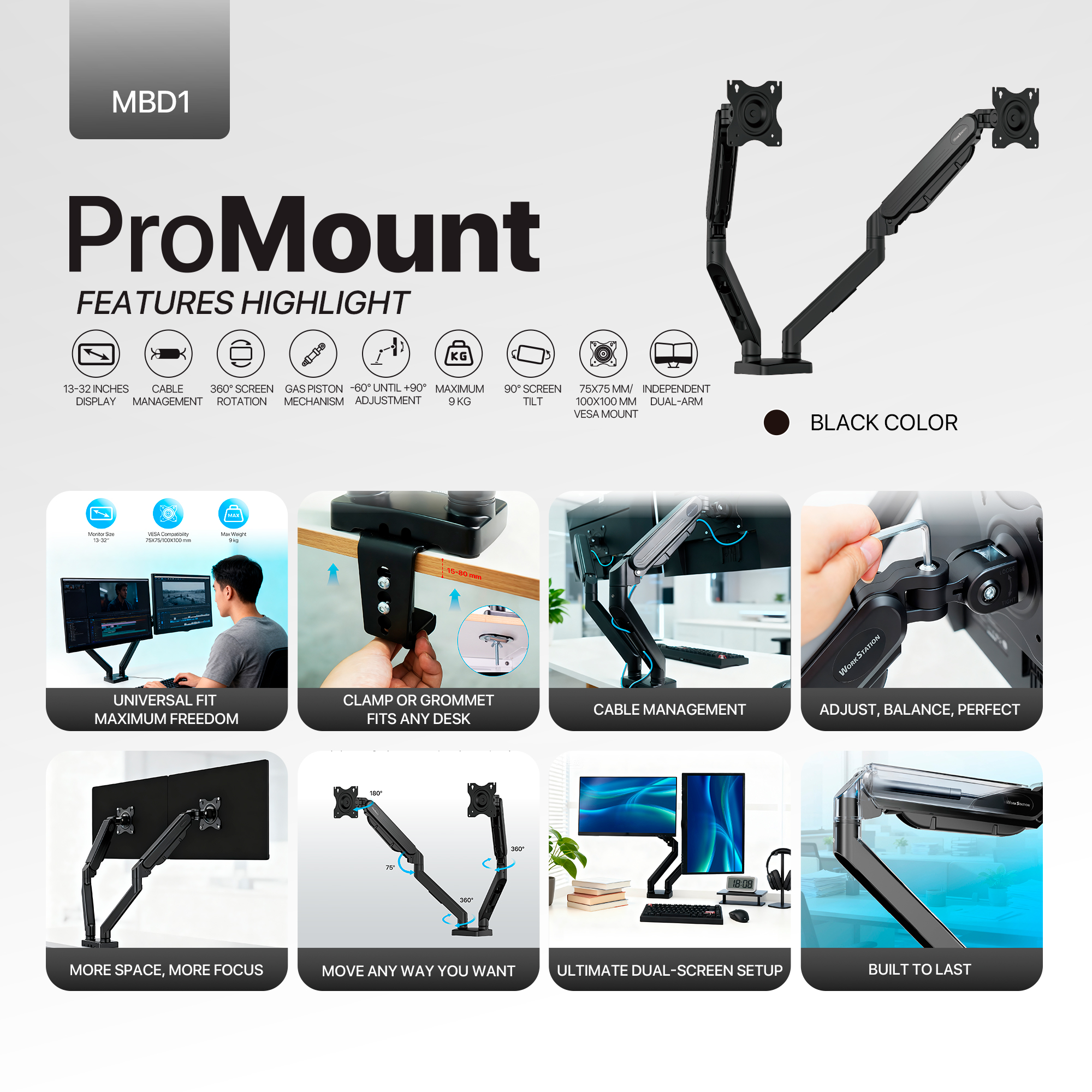 MBD1 PROMOUNT Black Soporte Monitor Double Arm WorkStation 5