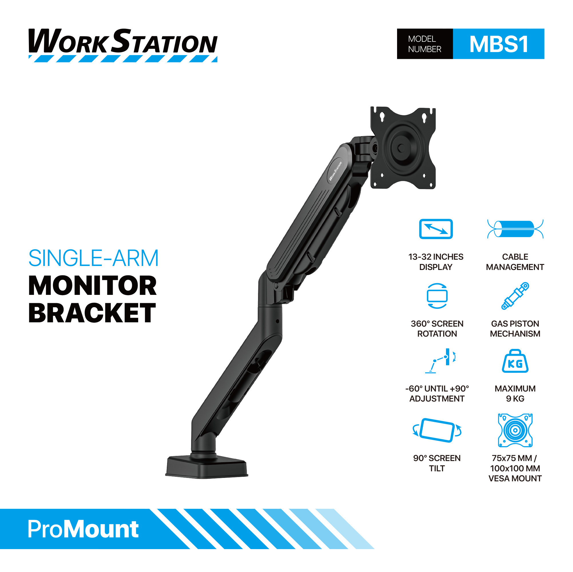 MBS1 PROMOUNT Black Soporte Monitor Single Arm WorkStation 14
