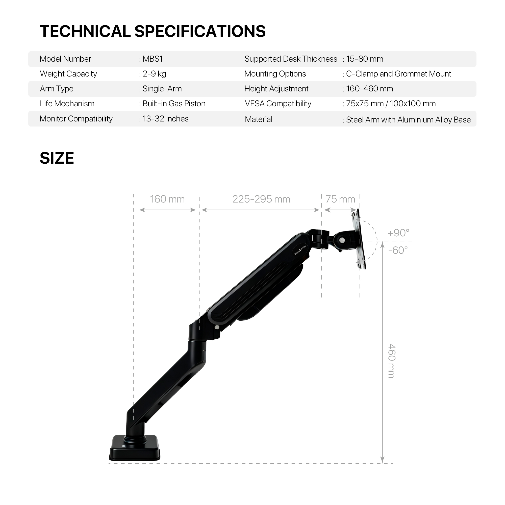 MBS1 PROMOUNT Black Soporte Monitor Single Arm WorkStation 15