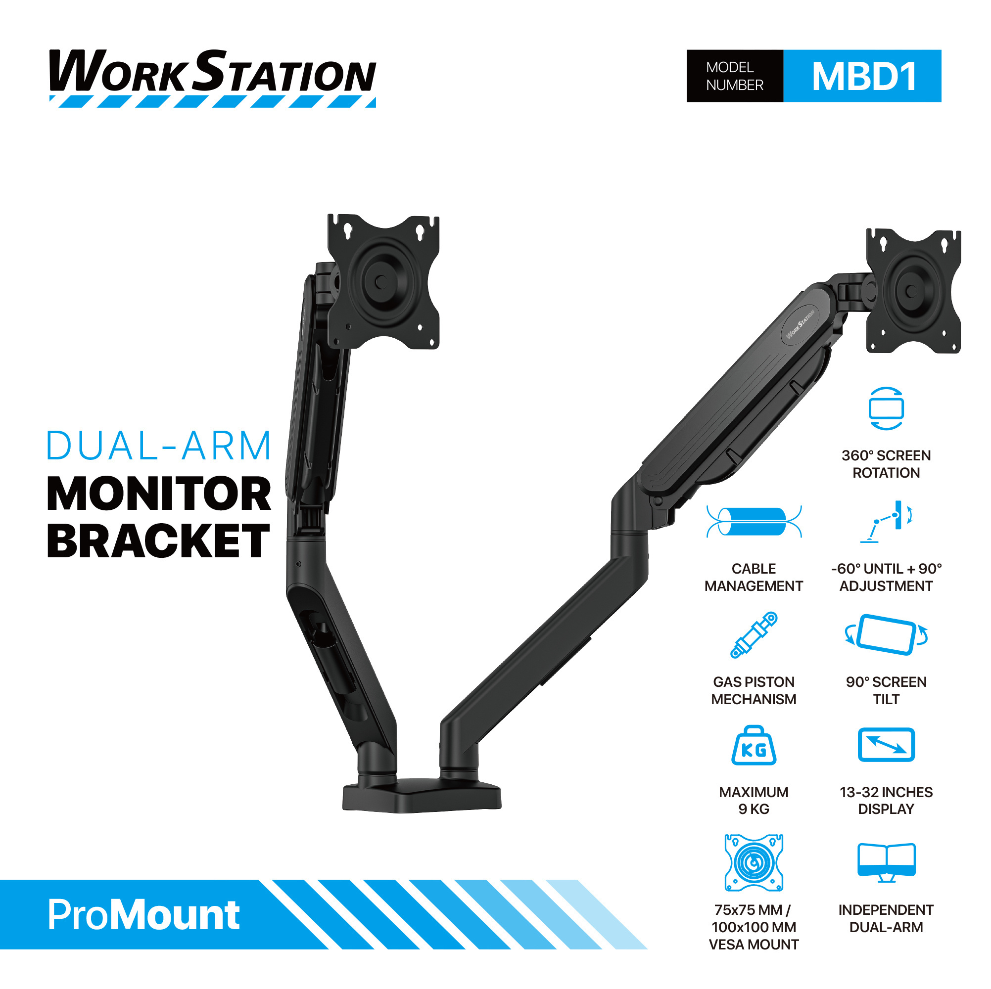 MBD1 PROMOUNT Black Soporte Monitor Double Arm WorkStation 16