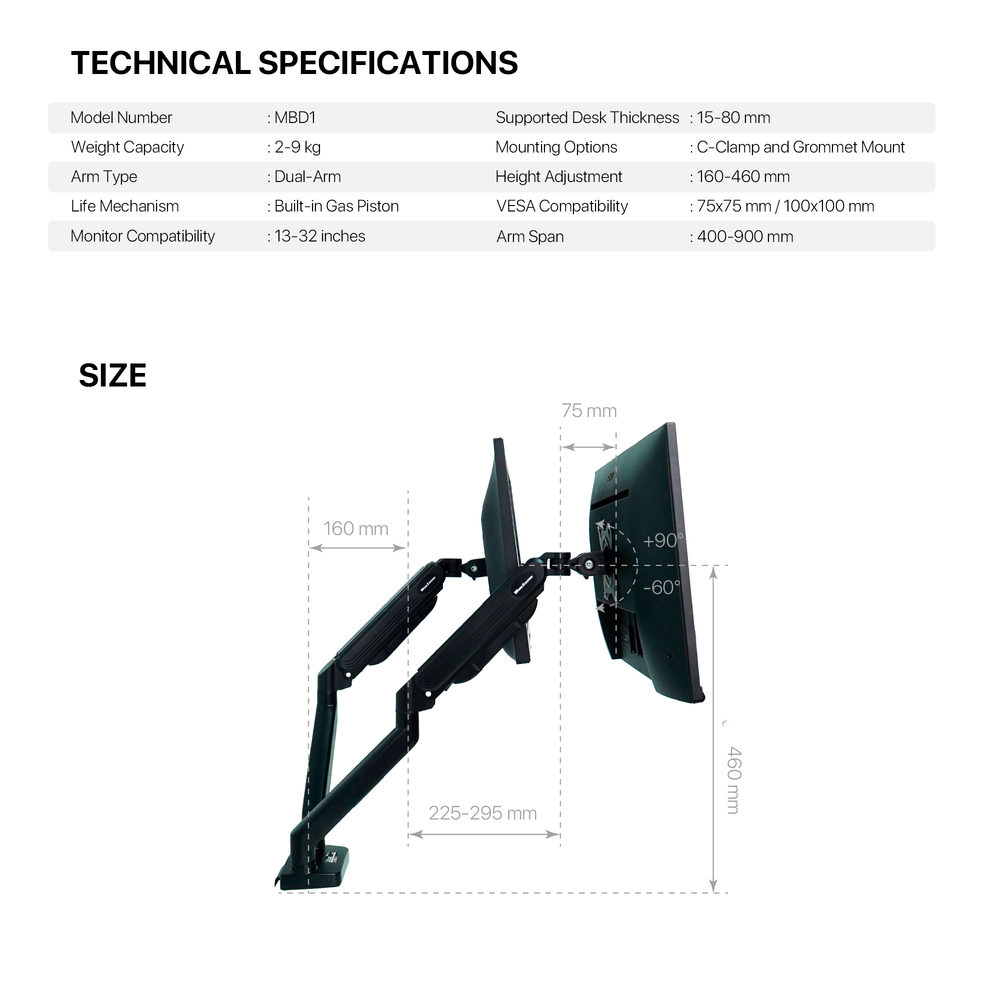 MBD1 PROMOUNT Black Soporte Monitor Double Arm WorkStation 17