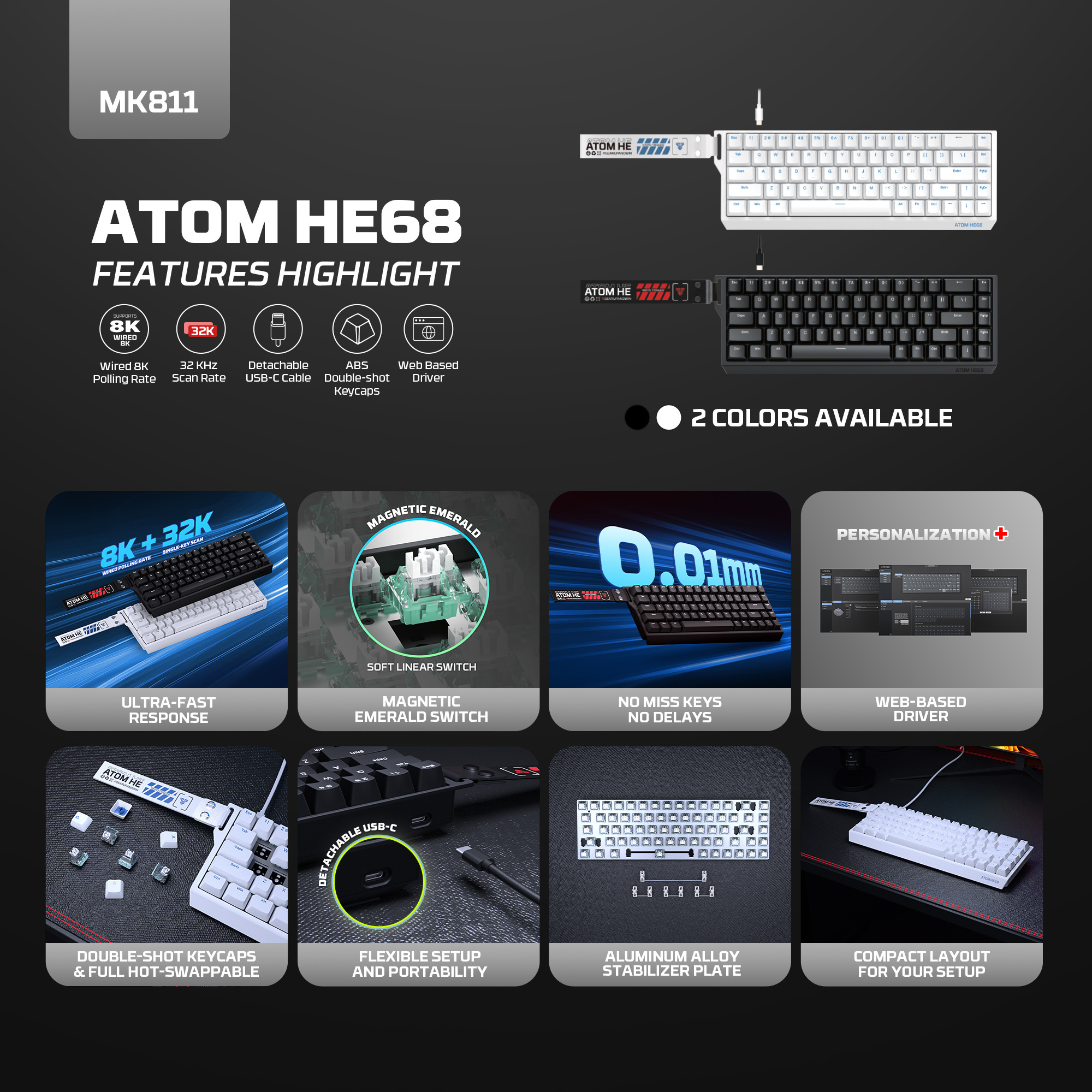 MK811 ATOM HE68 Black Teclado Magnético 60% 8.000 Hz Layout USA 8
